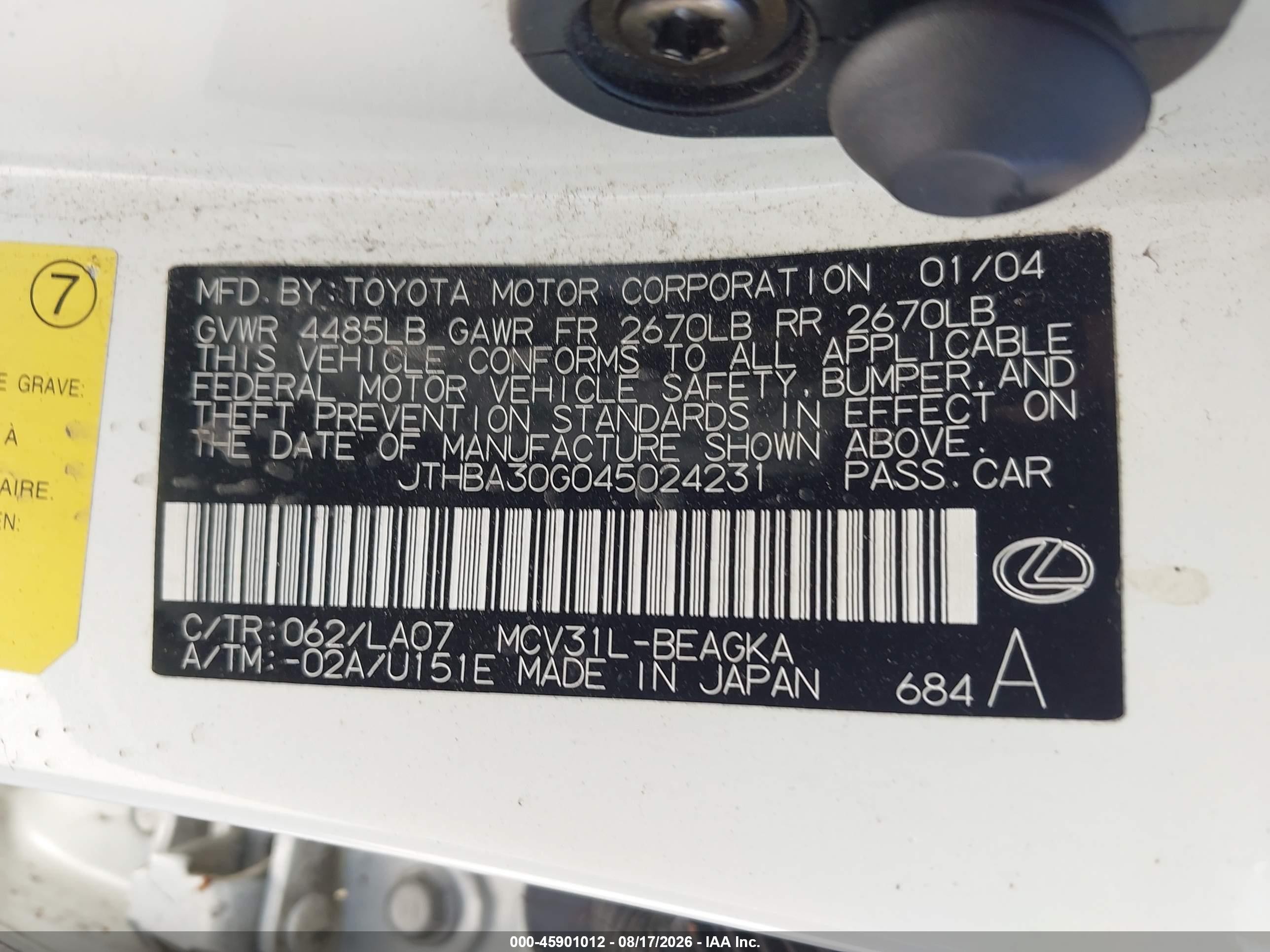 2004 Lexus Es 330   Белый vin: JTHBA30G045024231