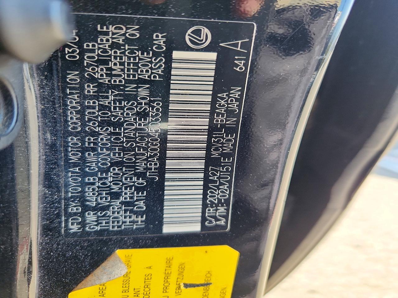 2004 Lexus Es 330 Black vin: JTHBA30G045033561