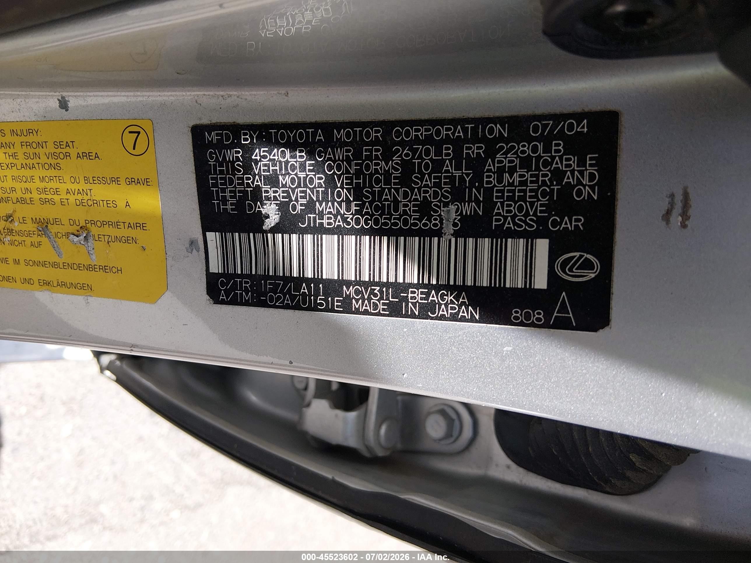 2005 Lexus Es 330   Серебряный vin: JTHBA30G055056873