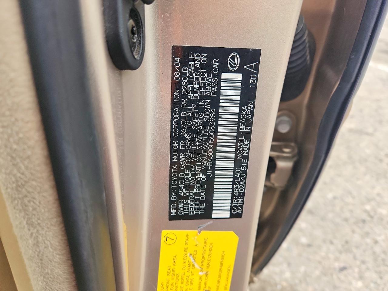 2005 Lexus Es 330 Желто-коричневый vin: JTHBA30G055063984