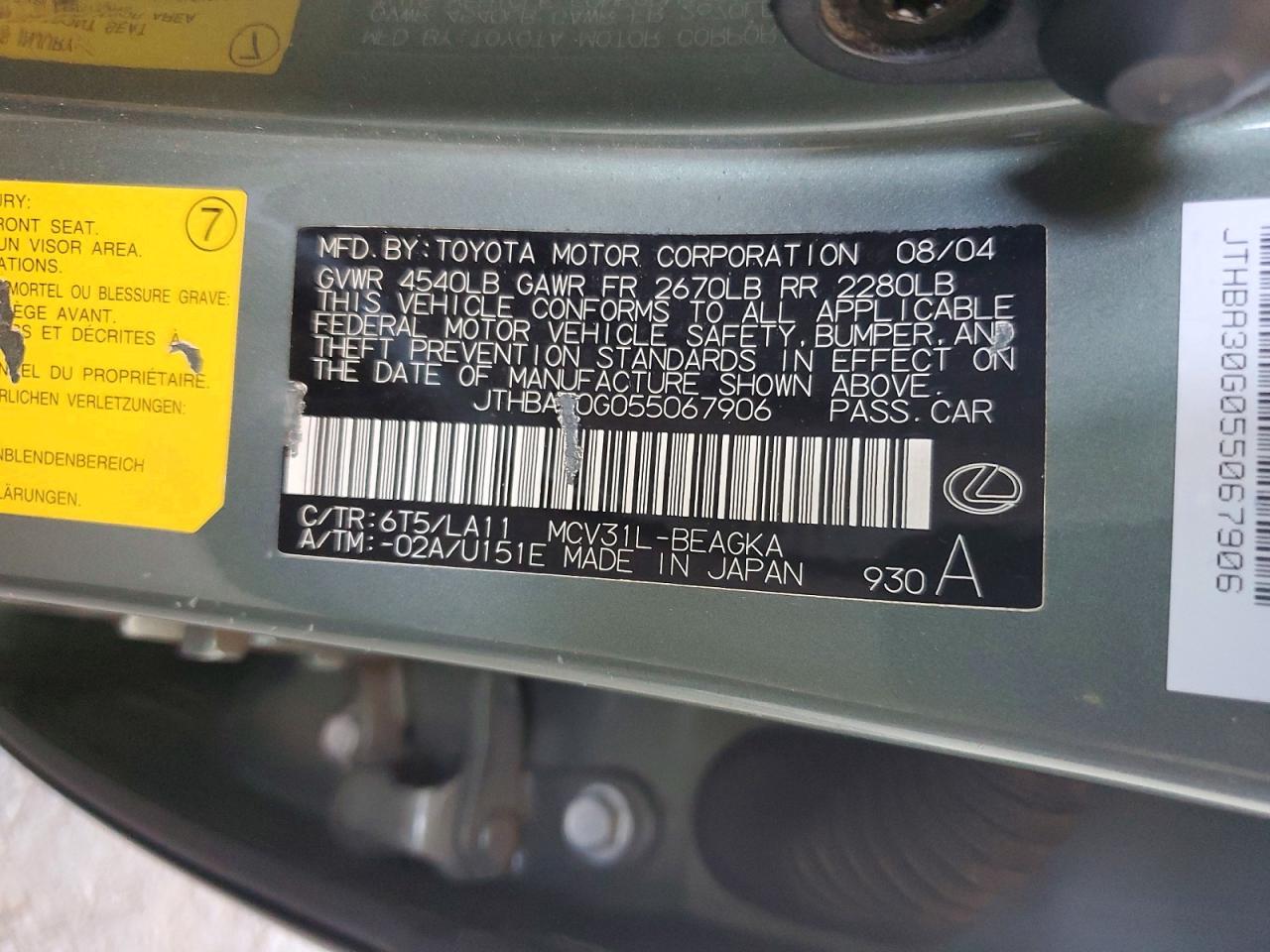 2005 Lexus Es 330 Green vin: JTHBA30G055067906