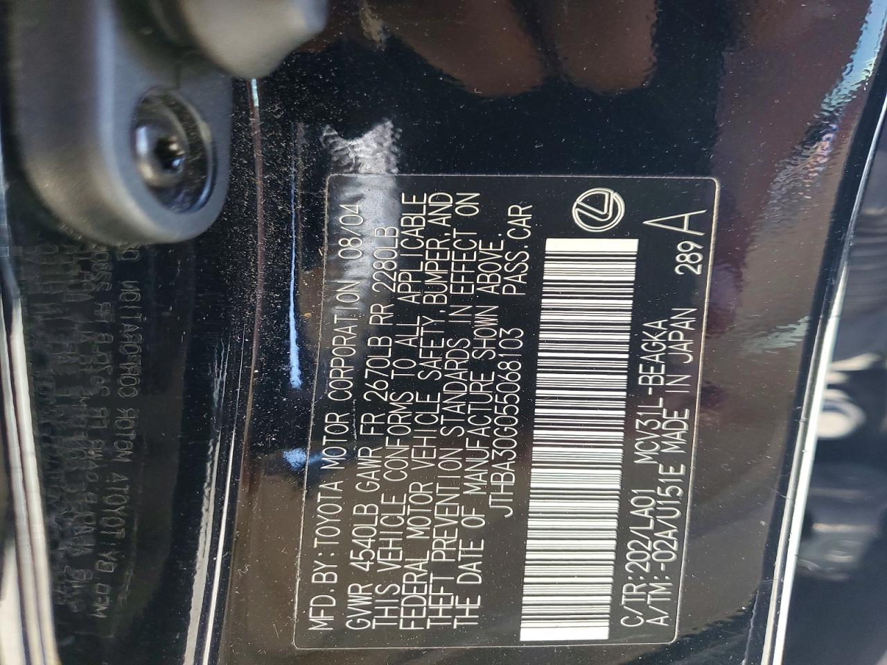 2005 Lexus Es 330 Black vin: JTHBA30G055068103