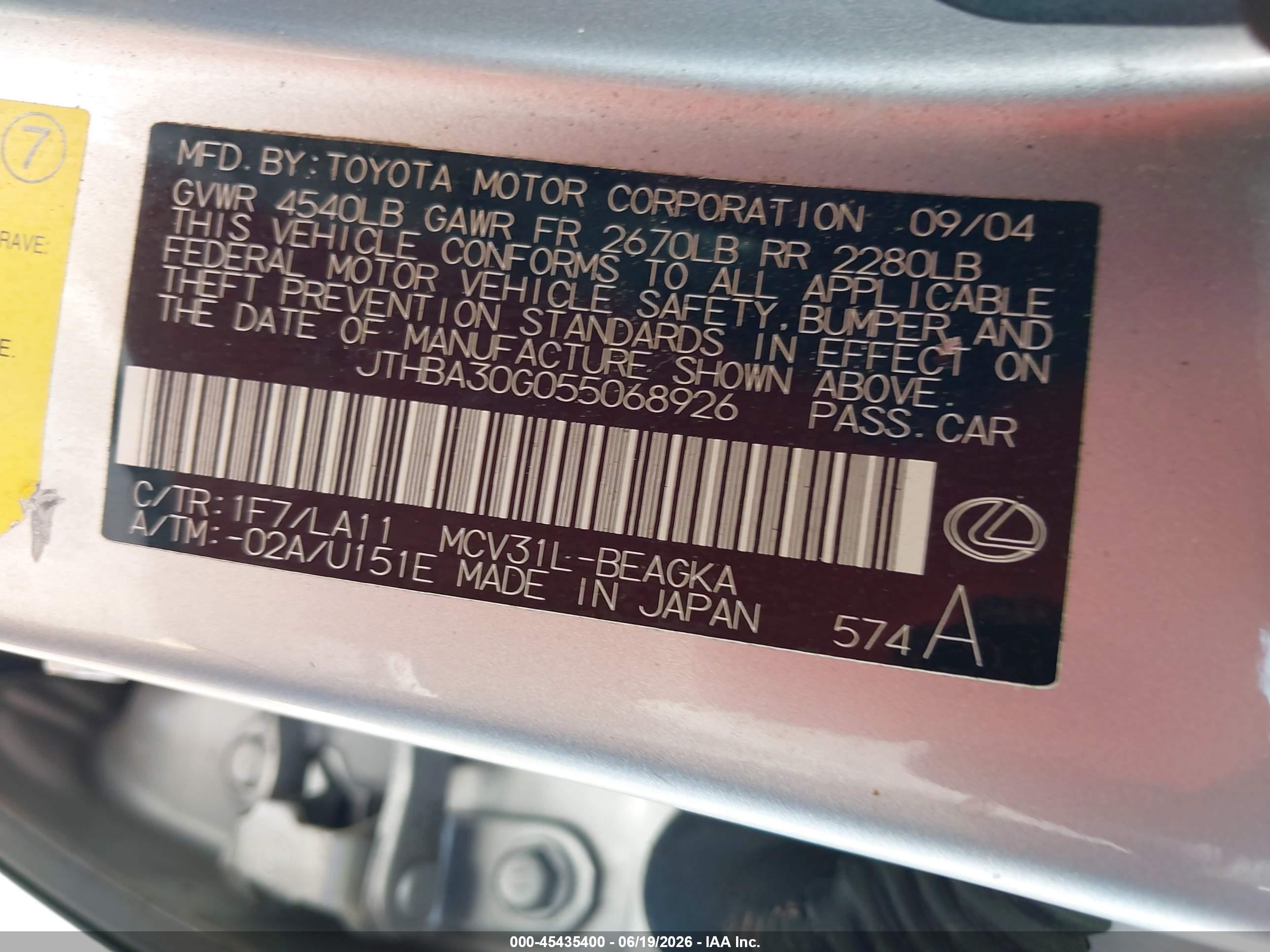 2005 Lexus Es 330   Silver vin: JTHBA30G055068926