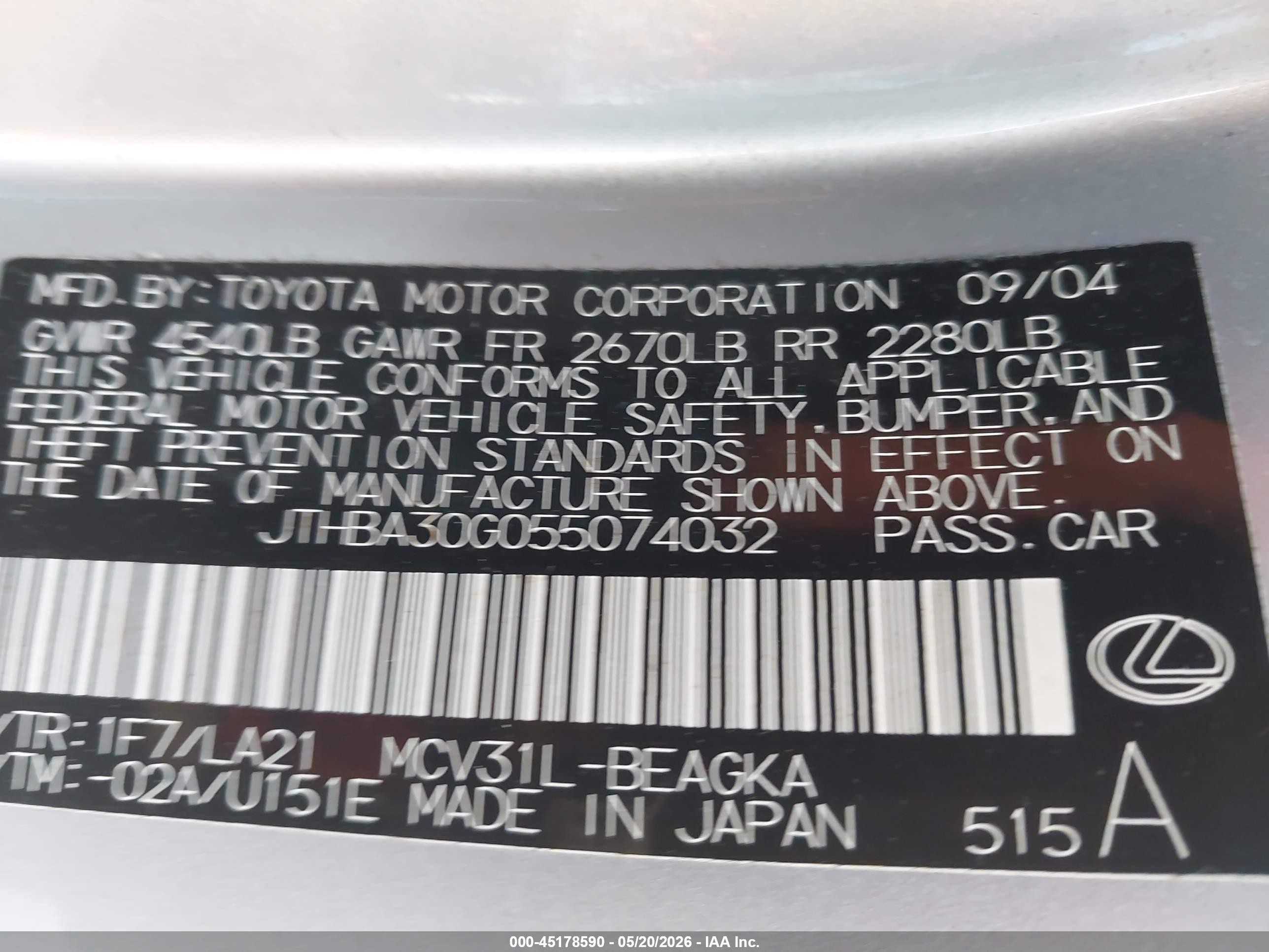 2005 Lexus Es 330   Silver vin: JTHBA30G055074032