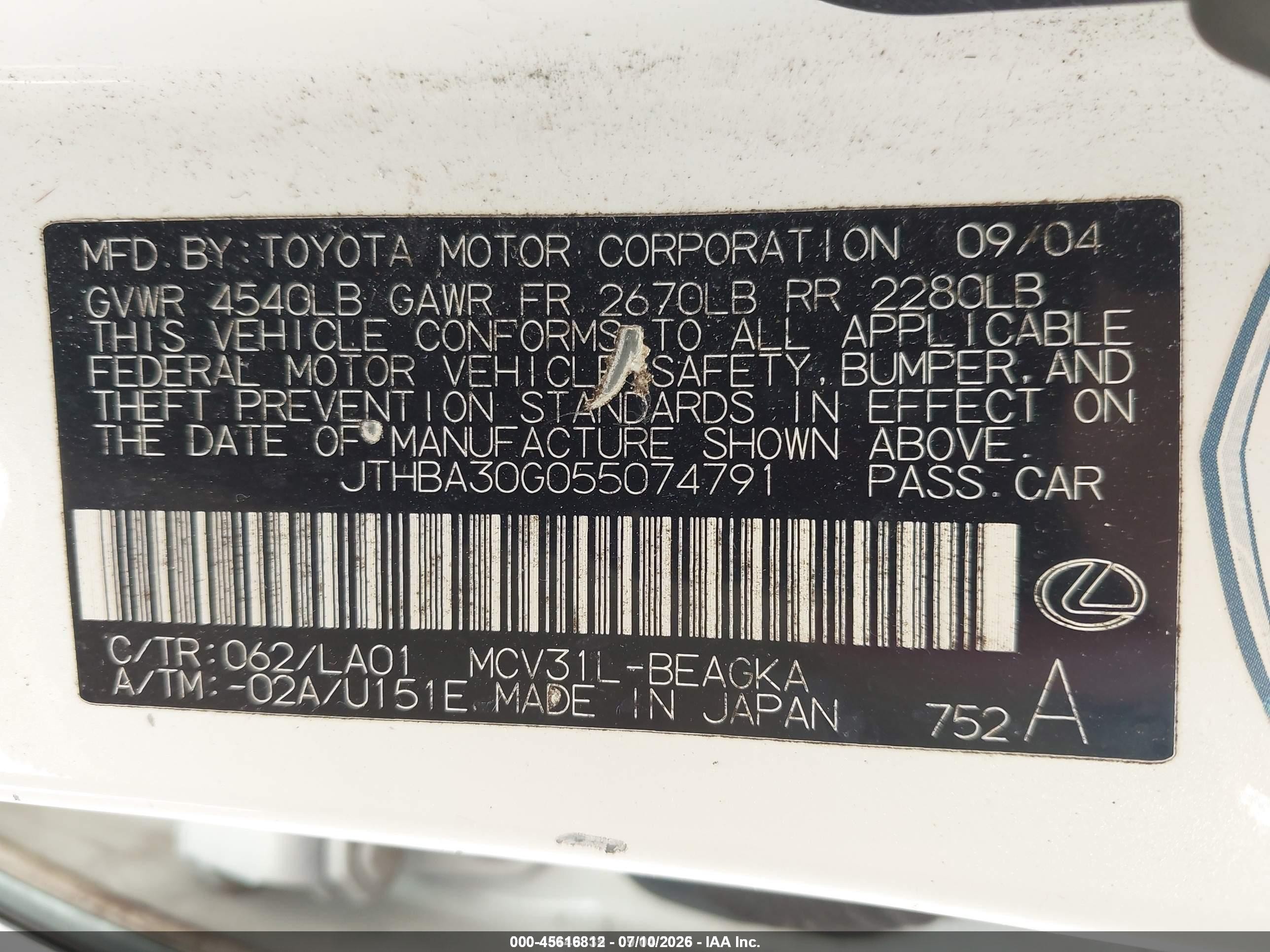 2005 Lexus Es 330   White vin: JTHBA30G055074791
