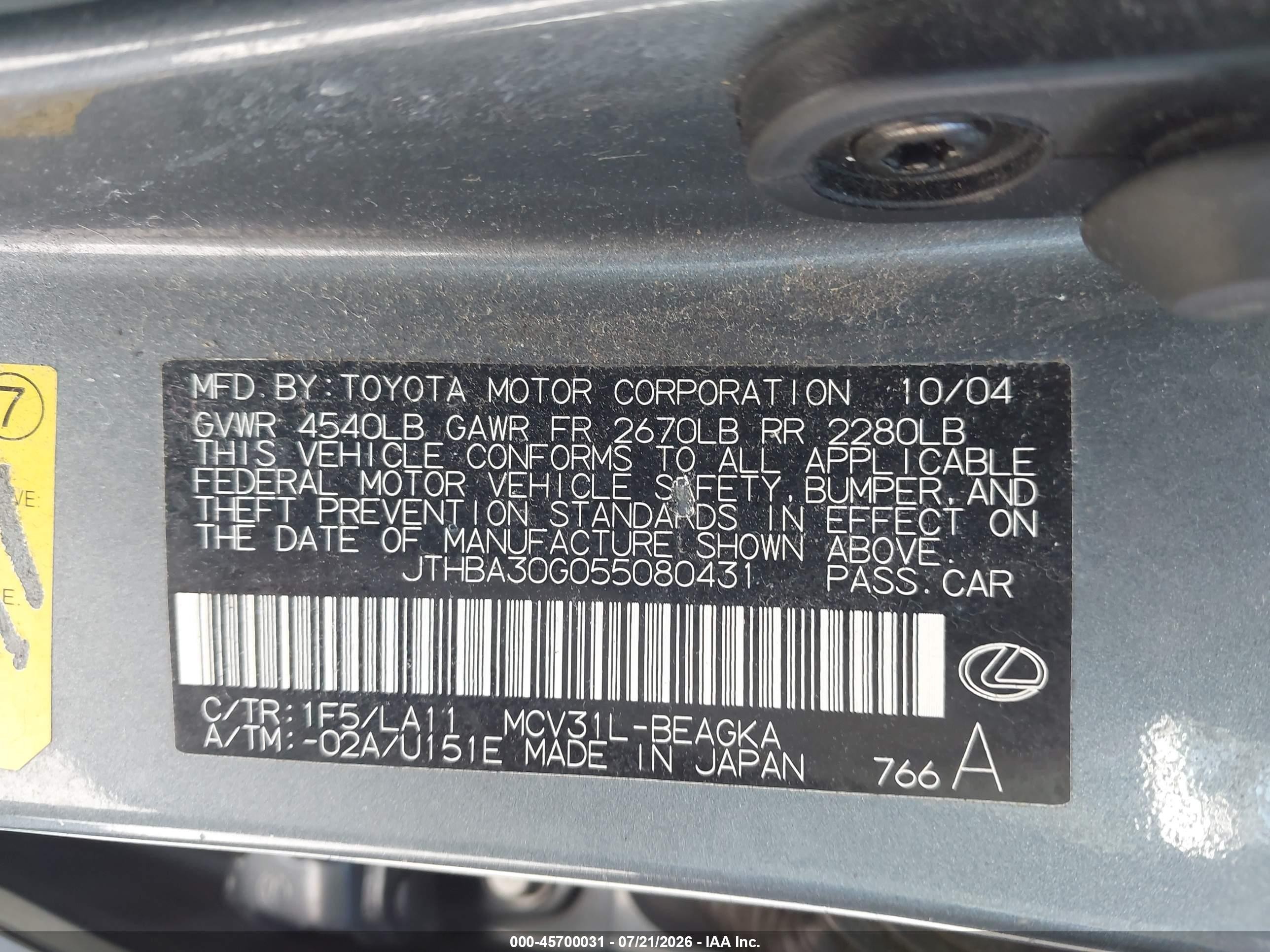 2005 Lexus Es 330   Gray vin: JTHBA30G055080431