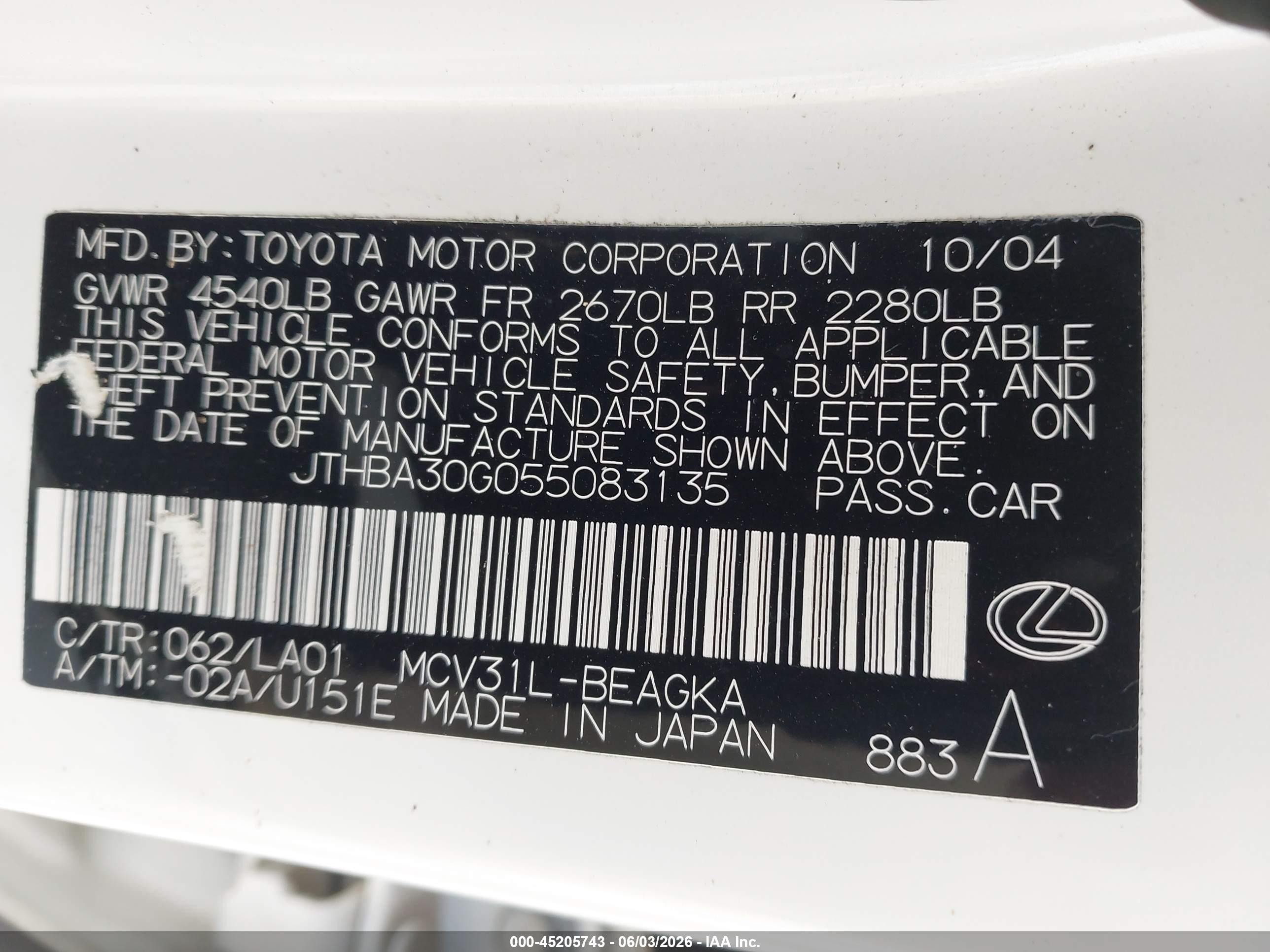 2005 Lexus Es 330   White vin: JTHBA30G055083135