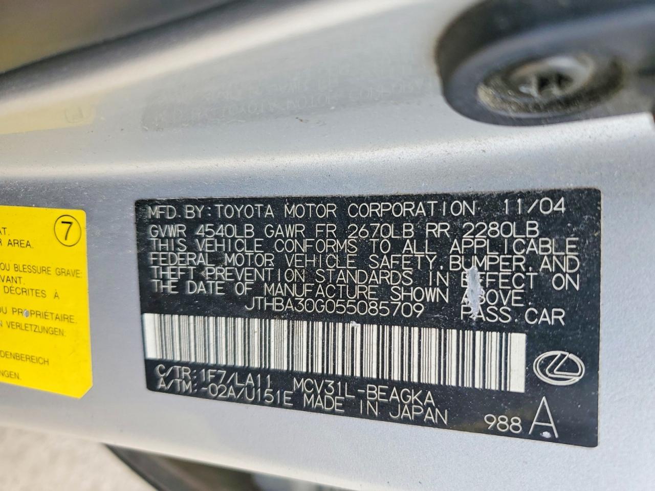 2005 Lexus Es 330 Silver vin: JTHBA30G055085709