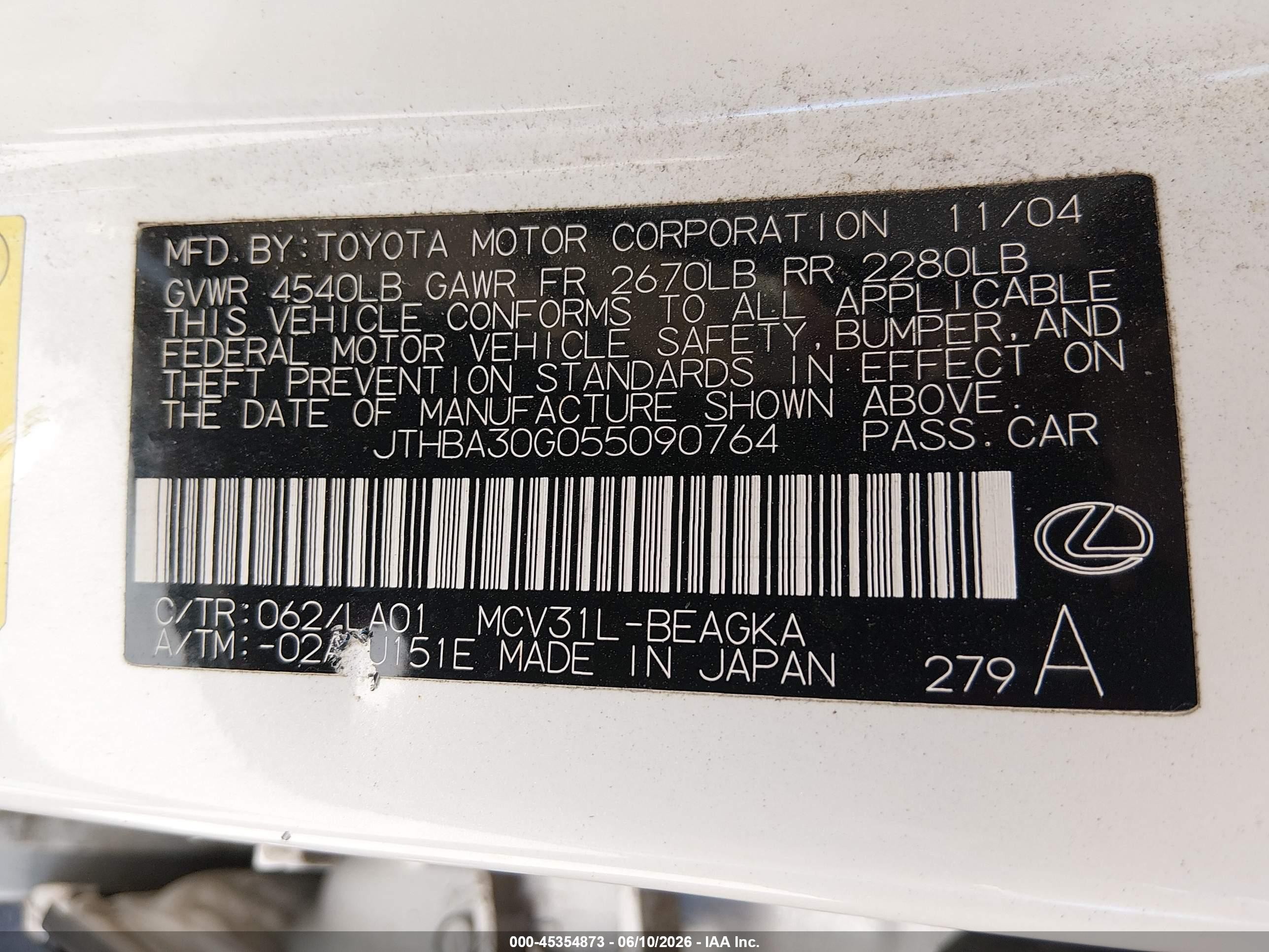 2005 Lexus Es 330 White vin: JTHBA30G055090764