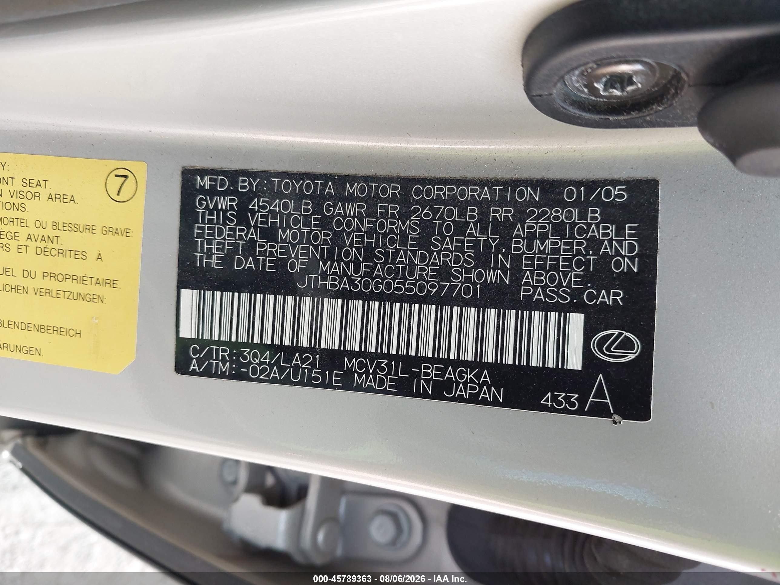 2005 Lexus Es 330   Silver vin: JTHBA30G055097701
