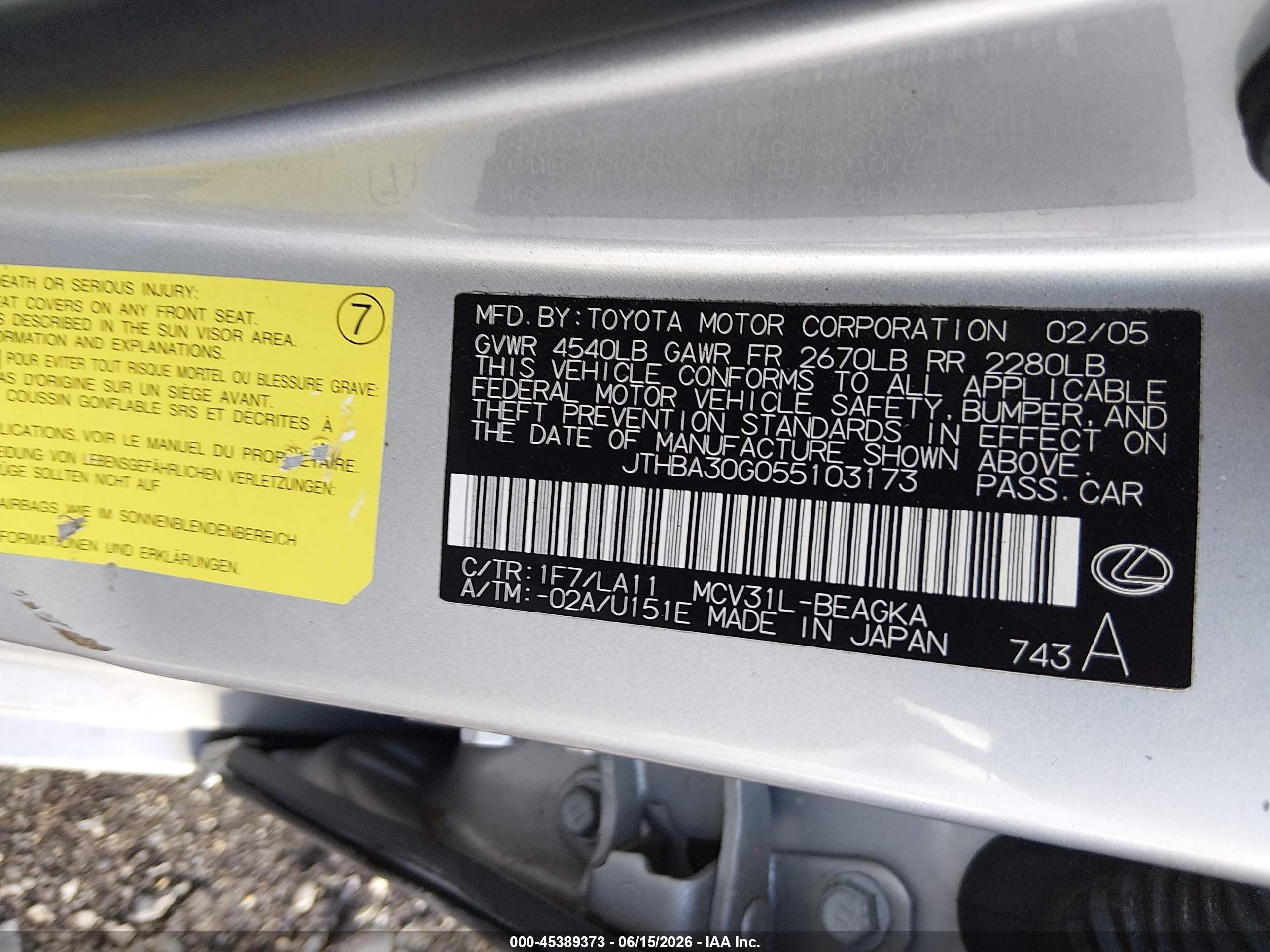 2005 Lexus Es 330   Gray vin: JTHBA30G055103173