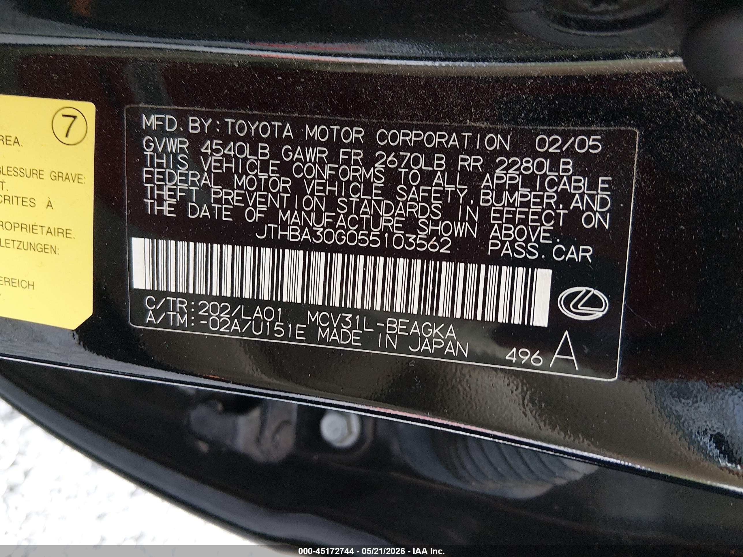 2005 Lexus Es 330   Black vin: JTHBA30G055103562