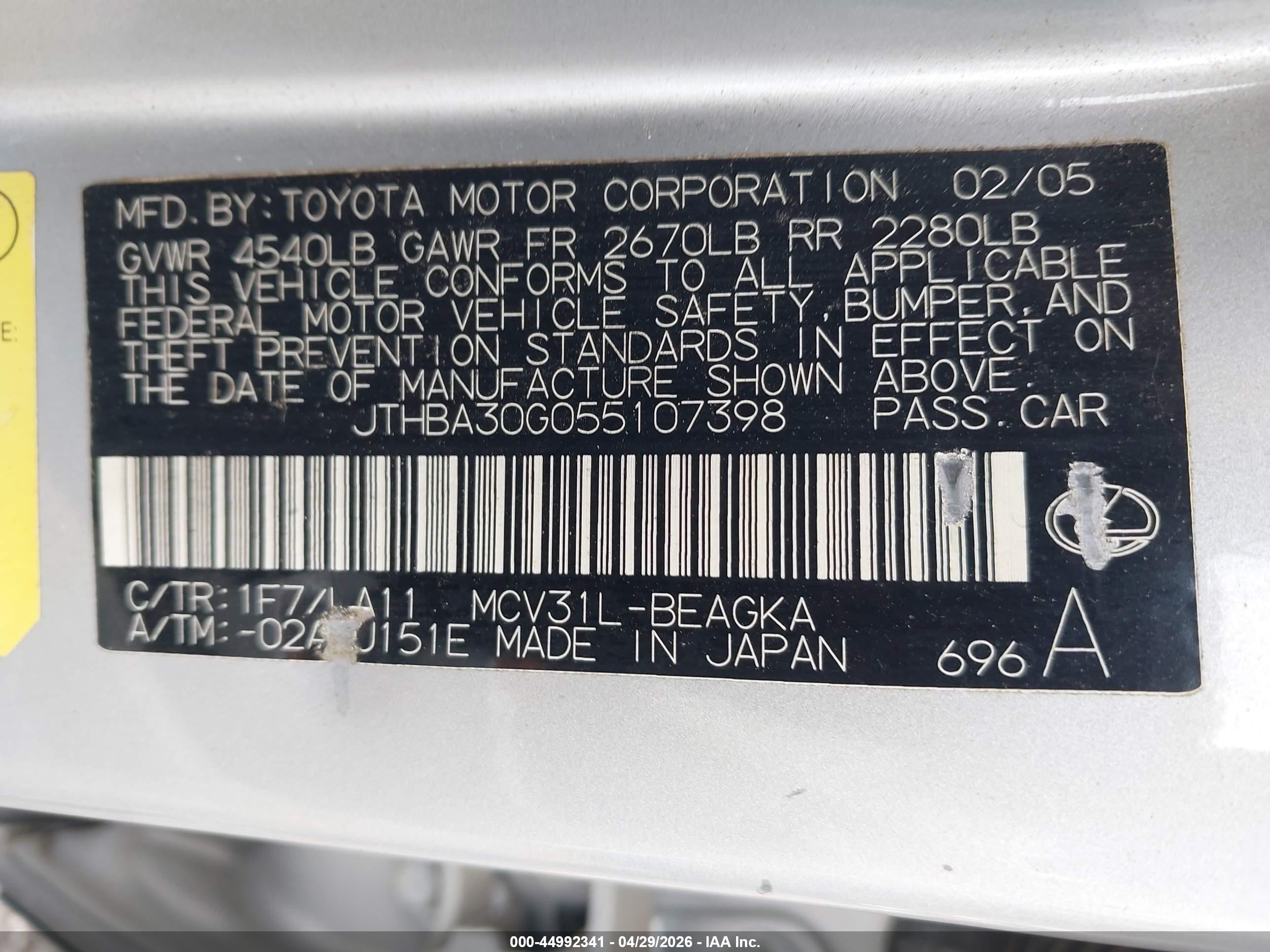 2005 Lexus Es 330 Серебряный vin: JTHBA30G055107398