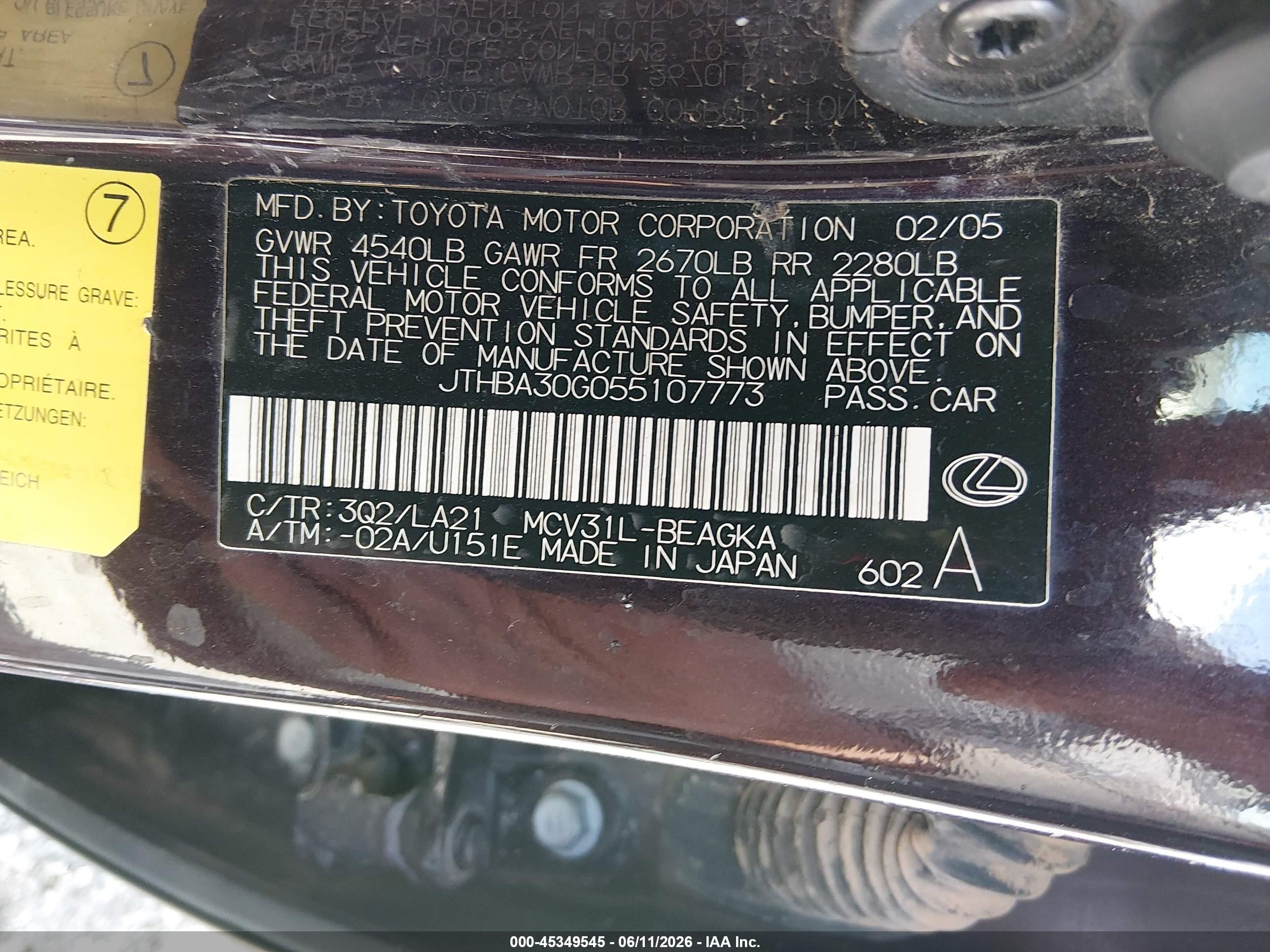 2005 Lexus Es 330   Purple vin: JTHBA30G055107773