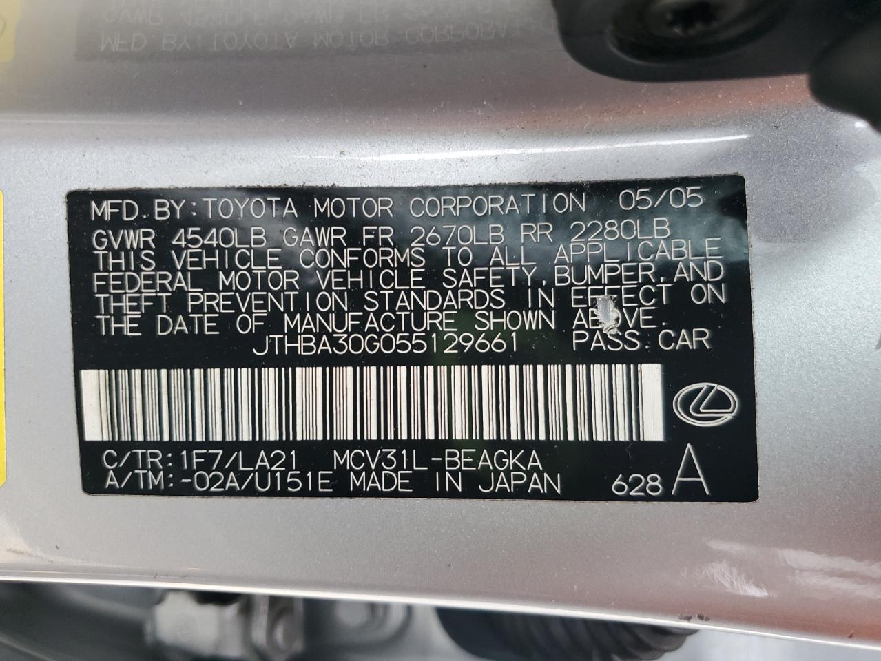 2005 Lexus Es 330 Gray vin: JTHBA30G055129661