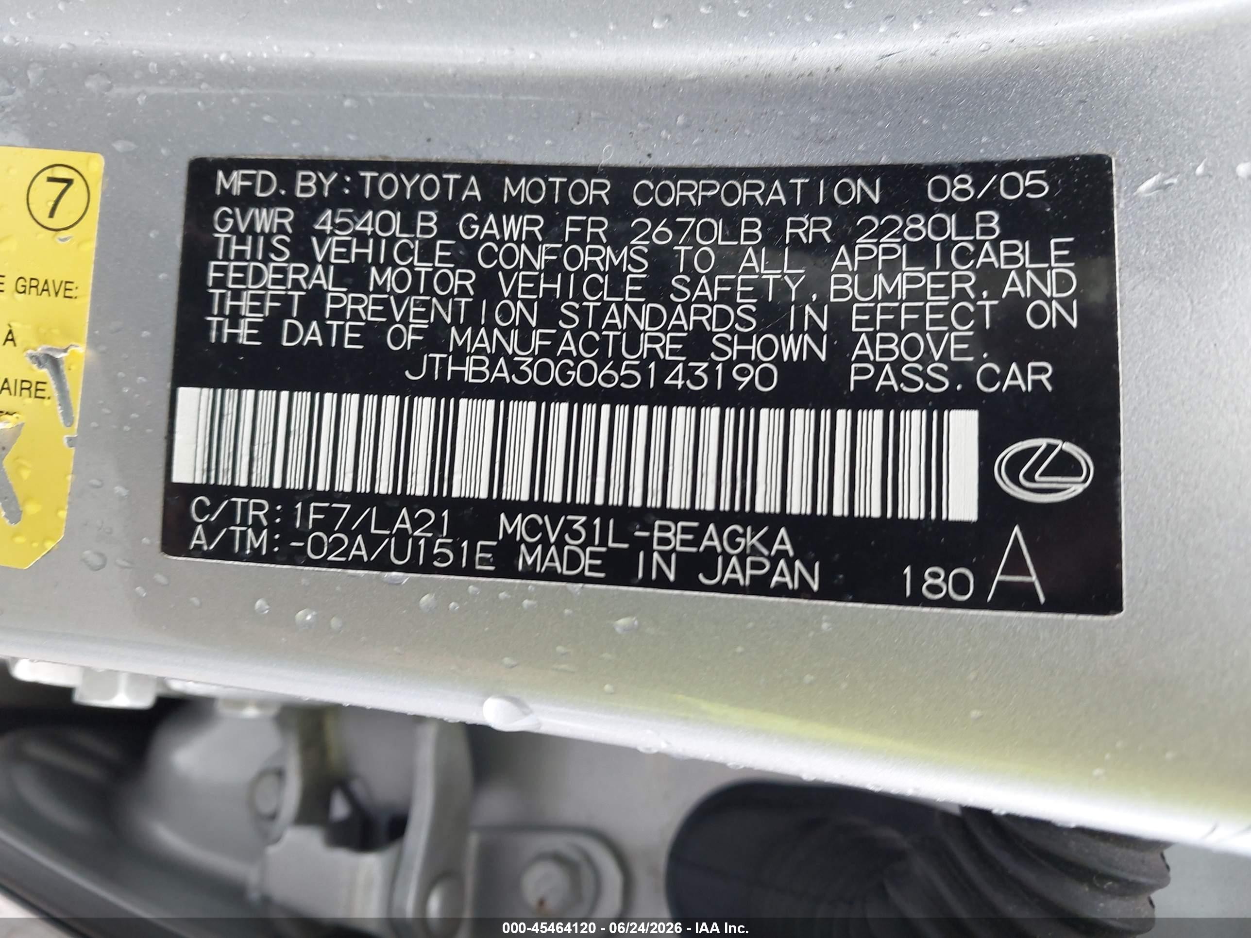 2006 Lexus Es 330   Silver vin: JTHBA30G065143190