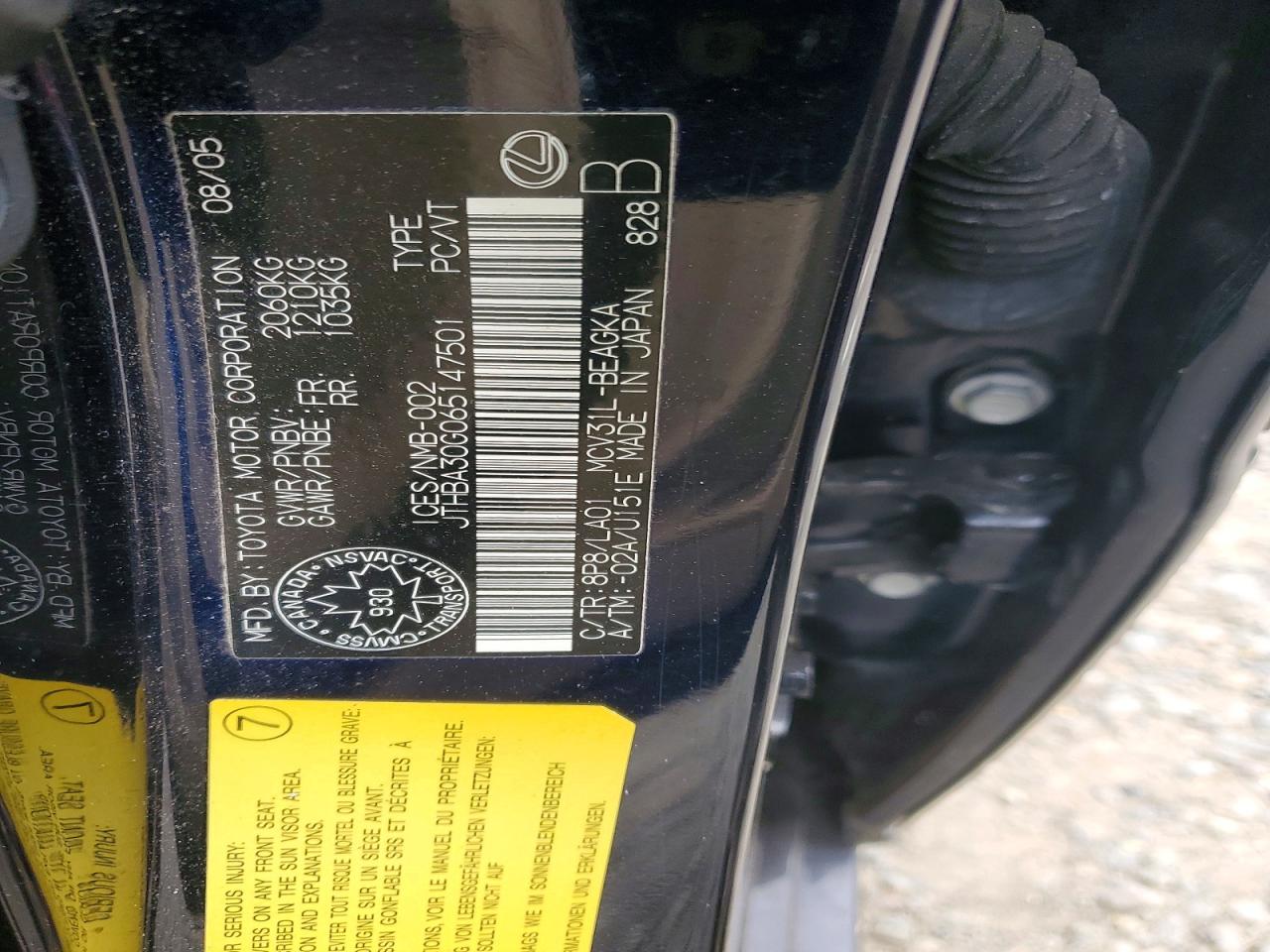 2006 Lexus Es 330 Blue vin: JTHBA30G065147501