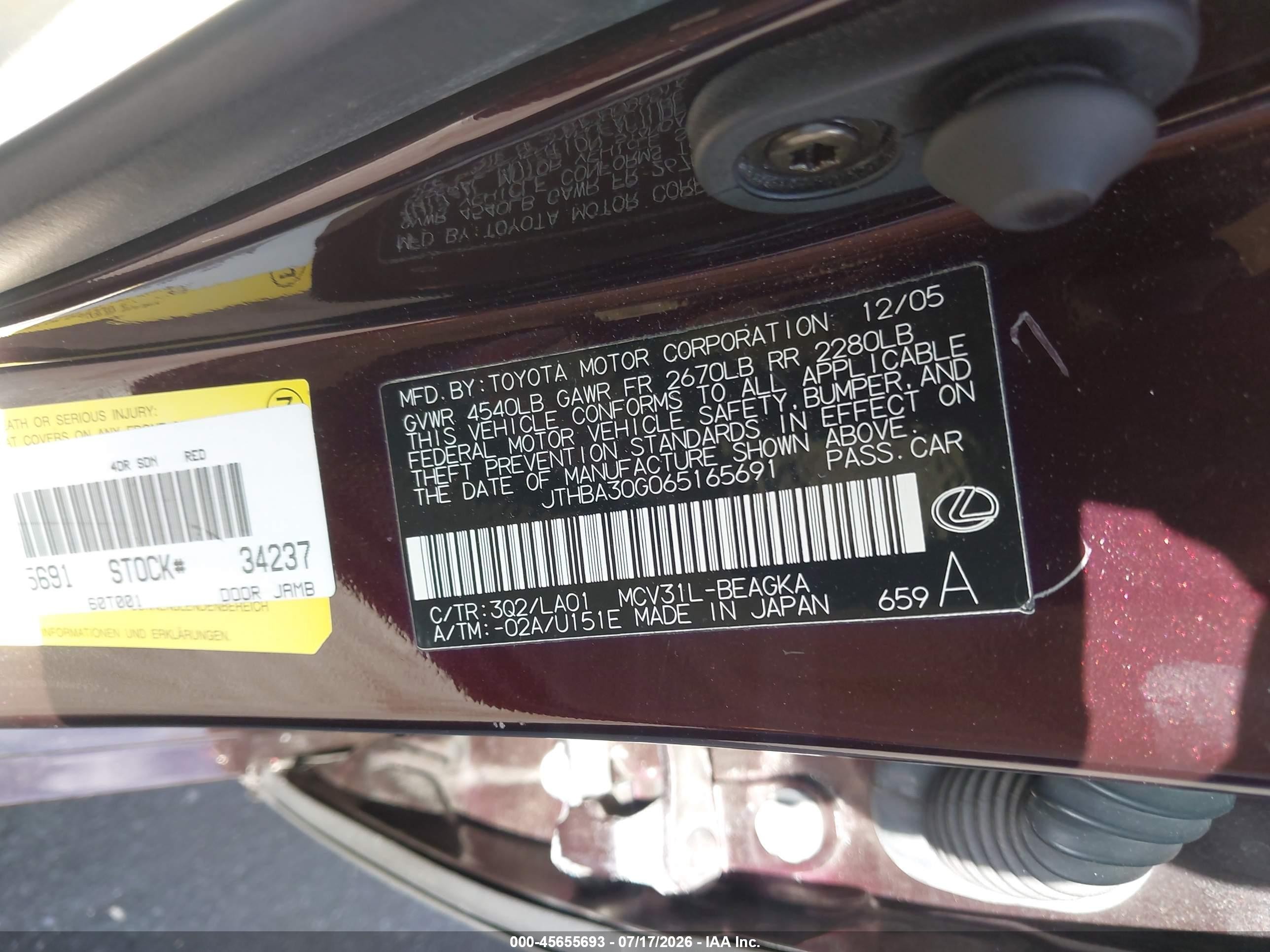 2006 Lexus Es 330 Burgundy vin: JTHBA30G065165691