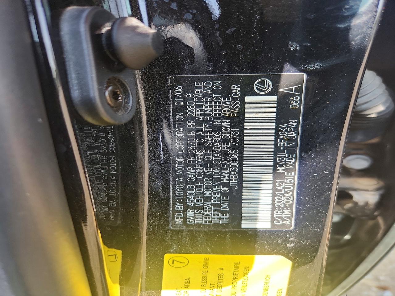 2006 Lexus Es 330 Black vin: JTHBA30G065170731