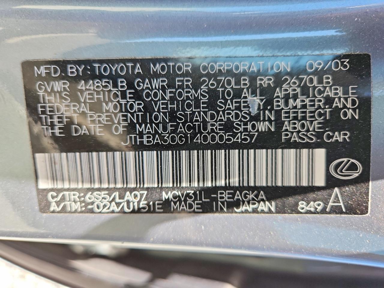 2004 Lexus Es 330 Teal vin: JTHBA30G140005457