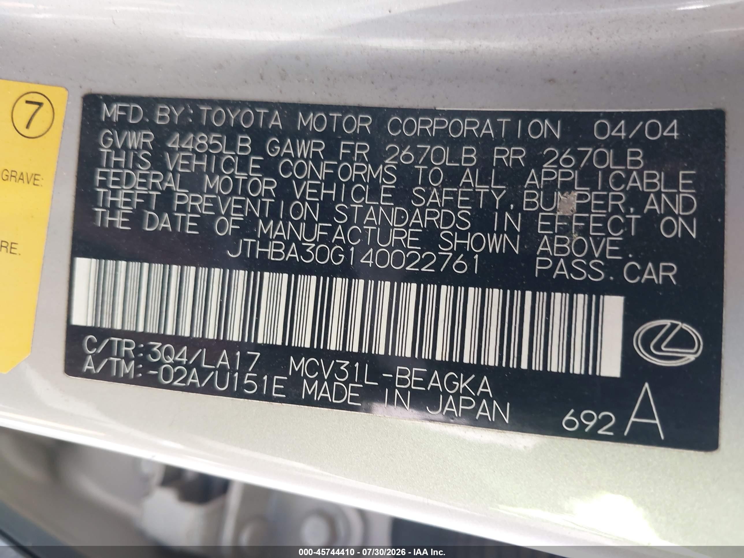 2004 Lexus Es 330   Beige vin: JTHBA30G140022761