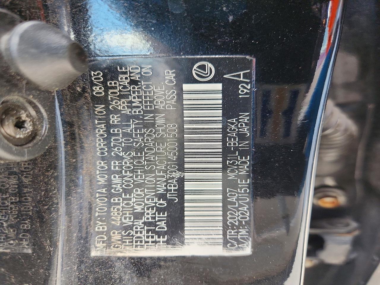 2004 Lexus Es 330 Black vin: JTHBA30G145001508
