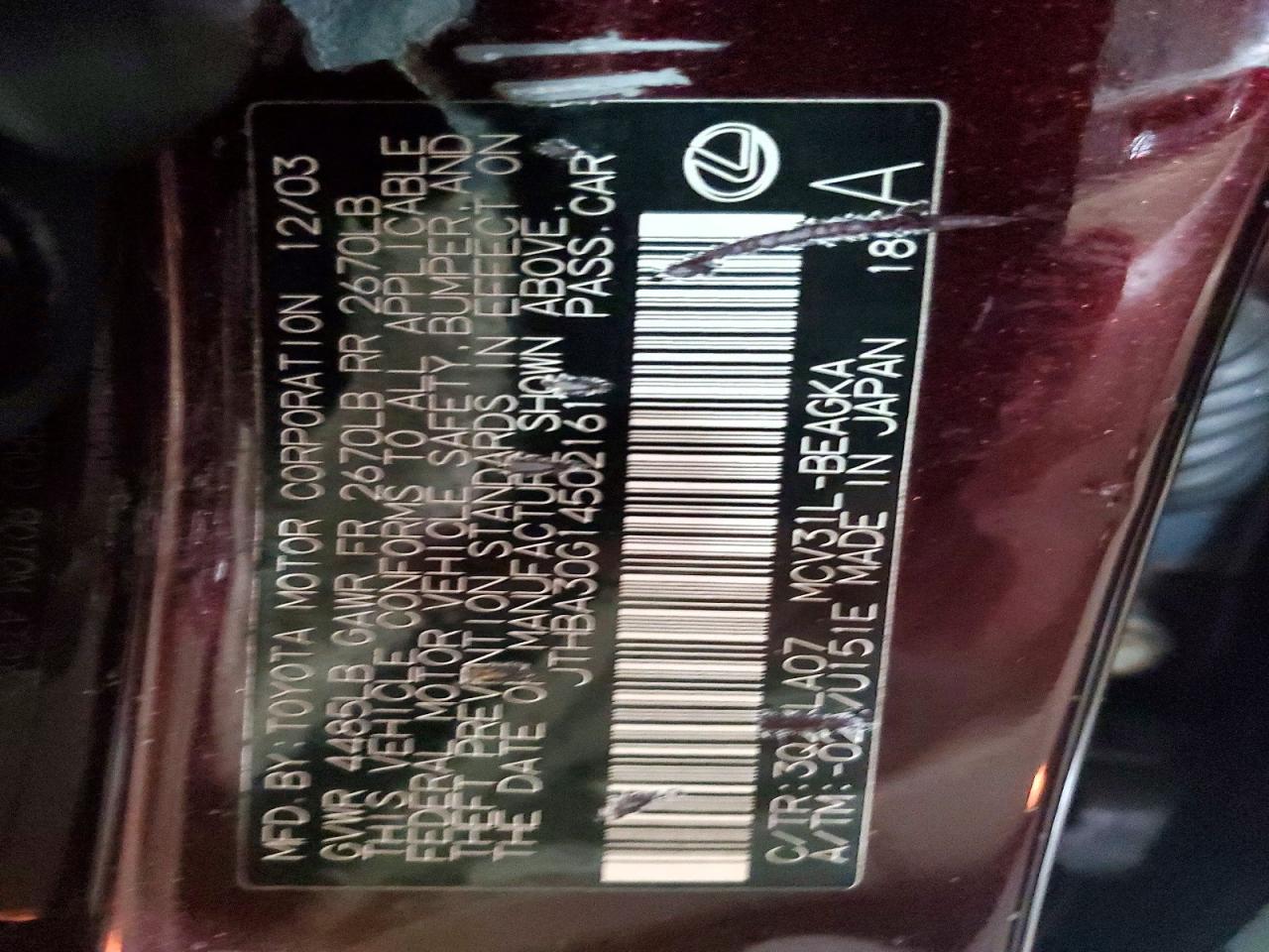 2004 Lexus Es 330 Burgundy vin: JTHBA30G145021614