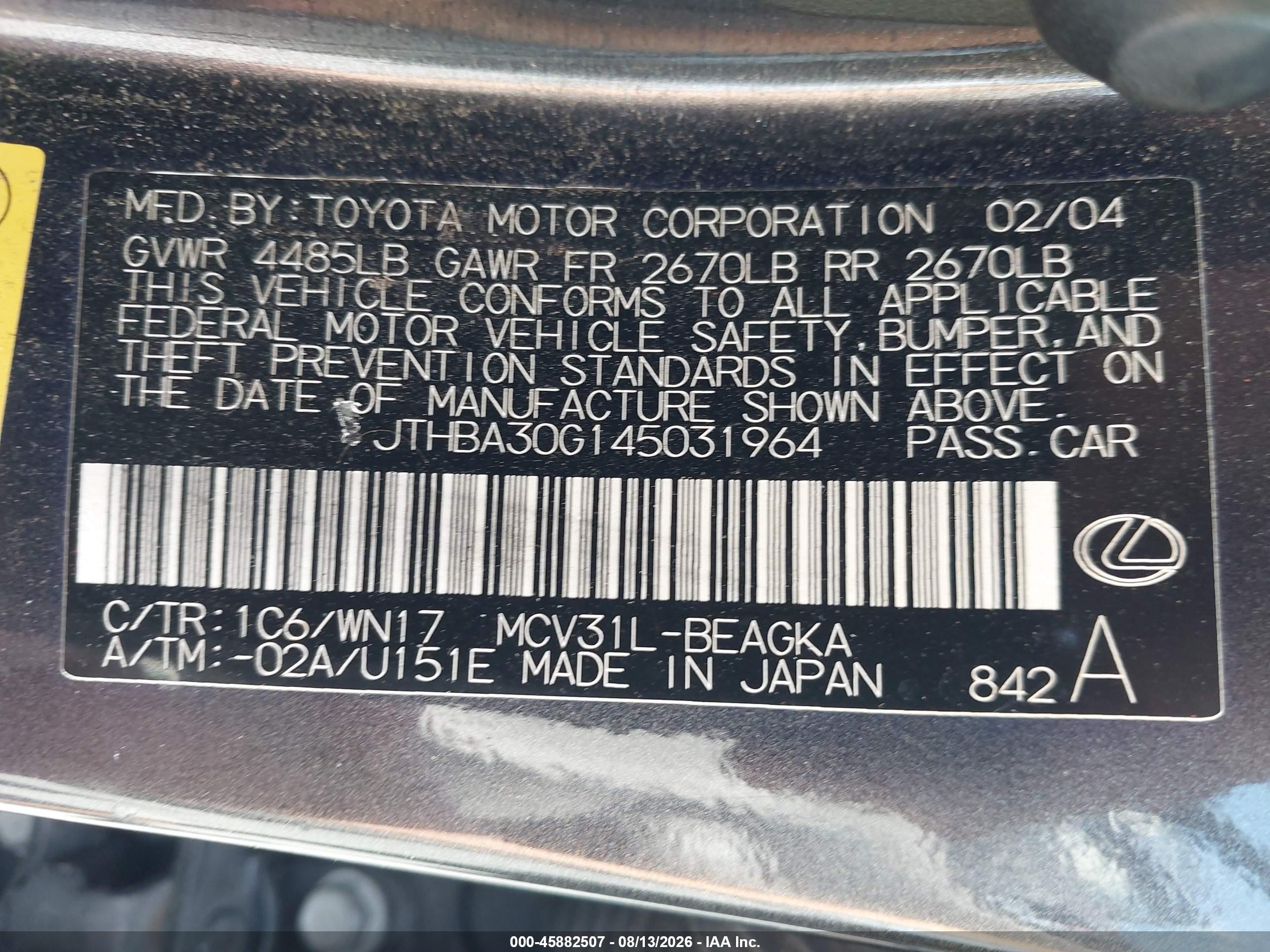 2004 Lexus Es 330   Gray vin: JTHBA30G145031964