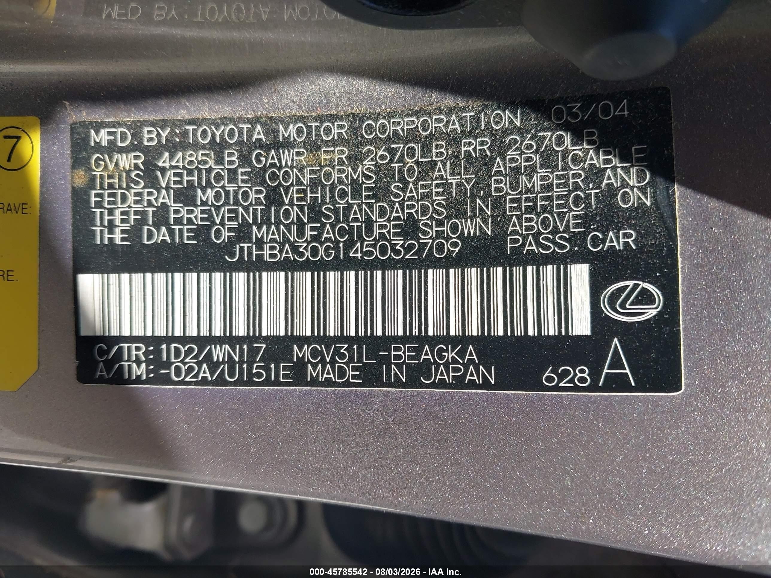 2004 Lexus Es 330   Silver vin: JTHBA30G145032709