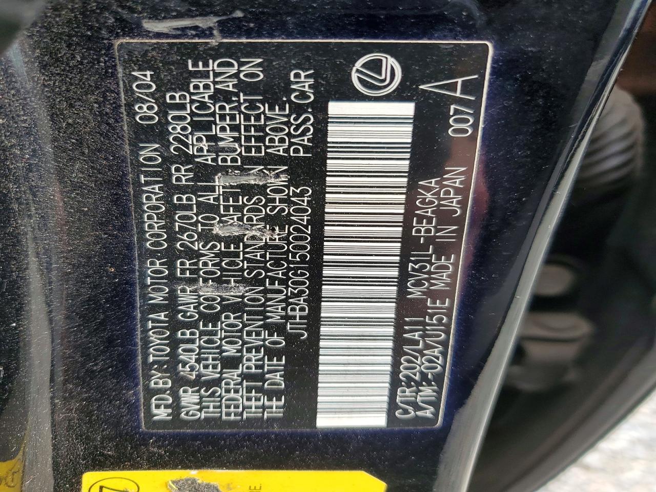 2005 Lexus Es 330 Black vin: JTHBA30G150024043