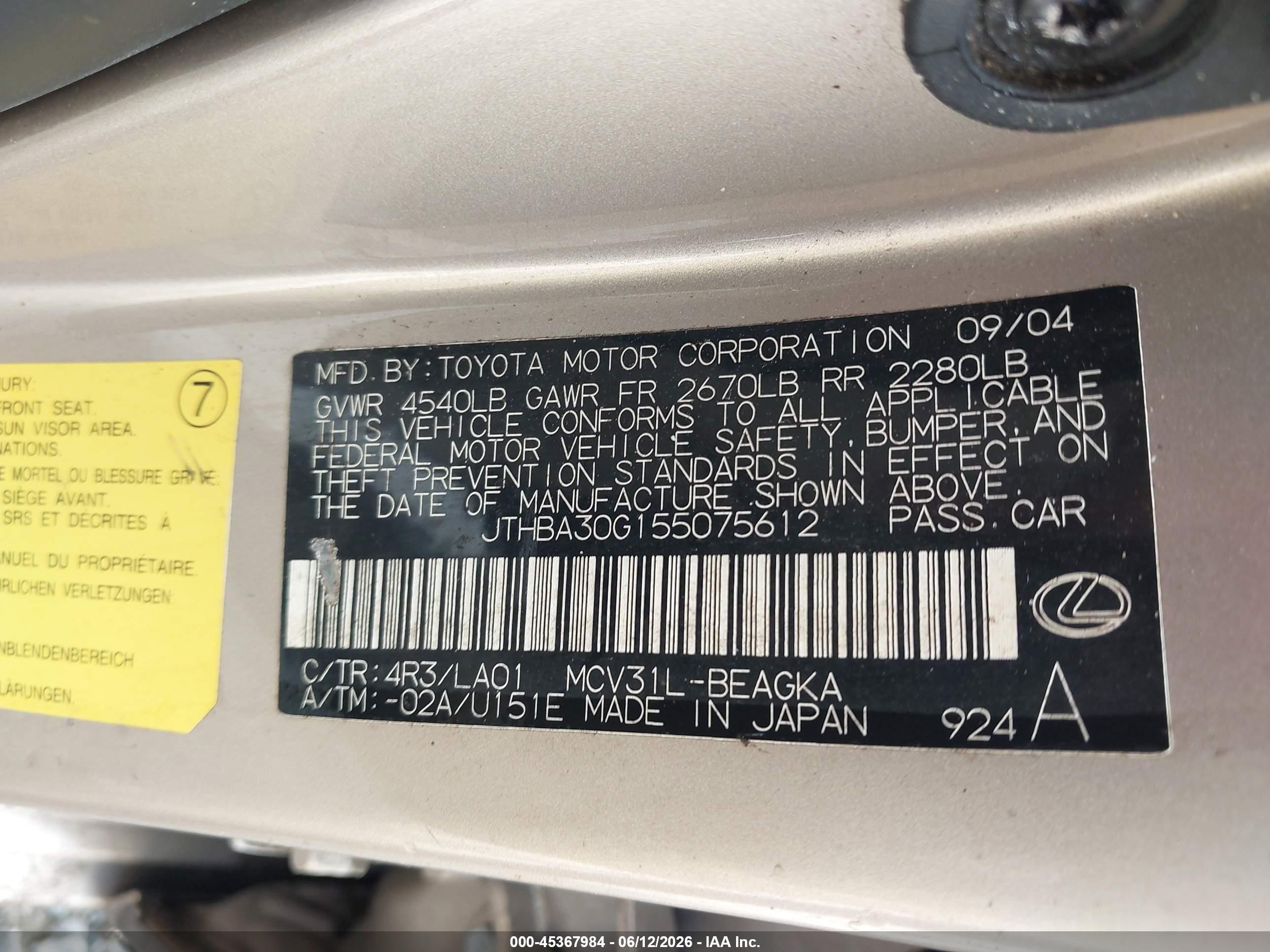 2005 Lexus Es 330   Champagne vin: JTHBA30G155075612