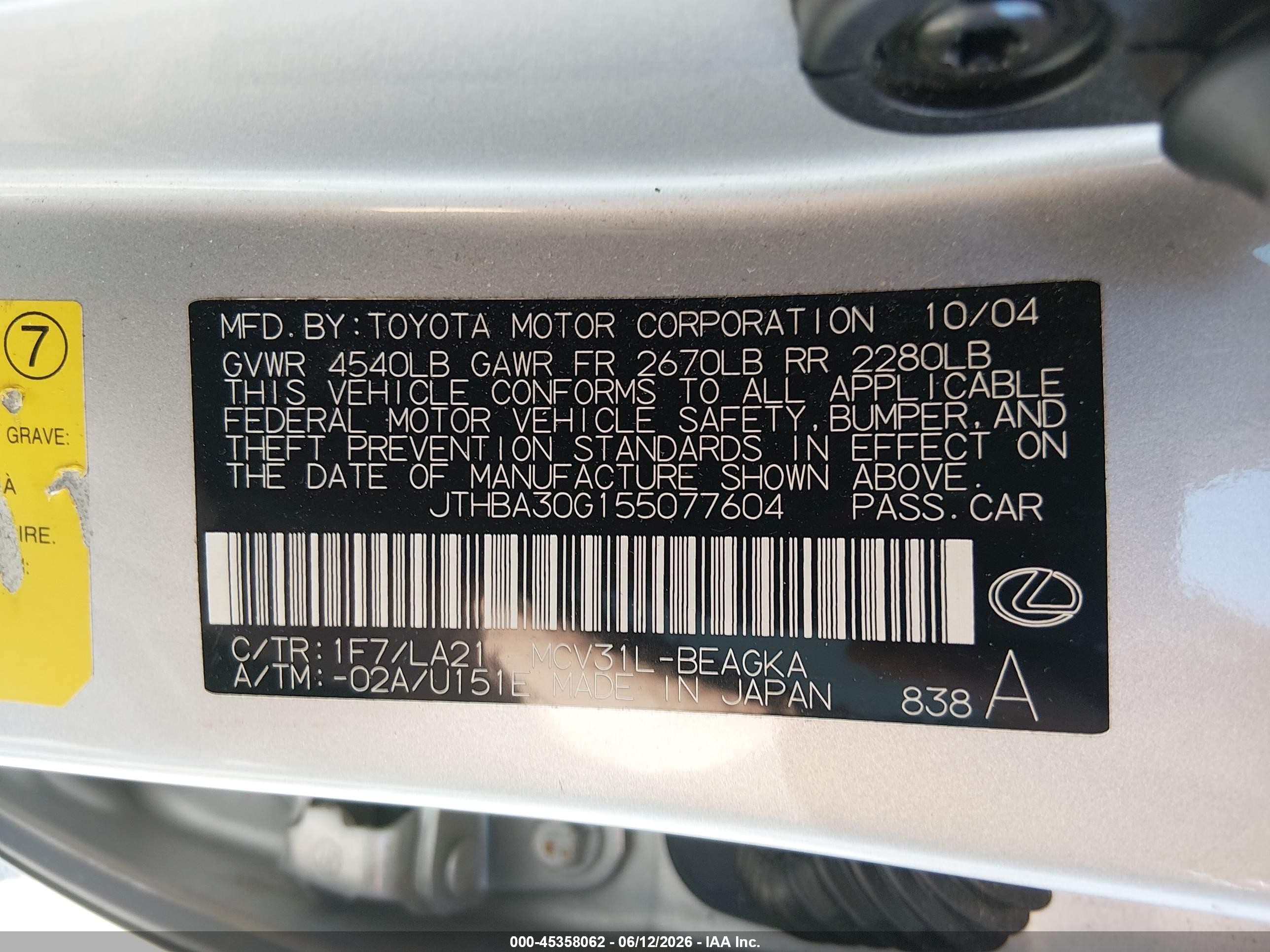 2005 Lexus Es 330   Silver vin: JTHBA30G155077604
