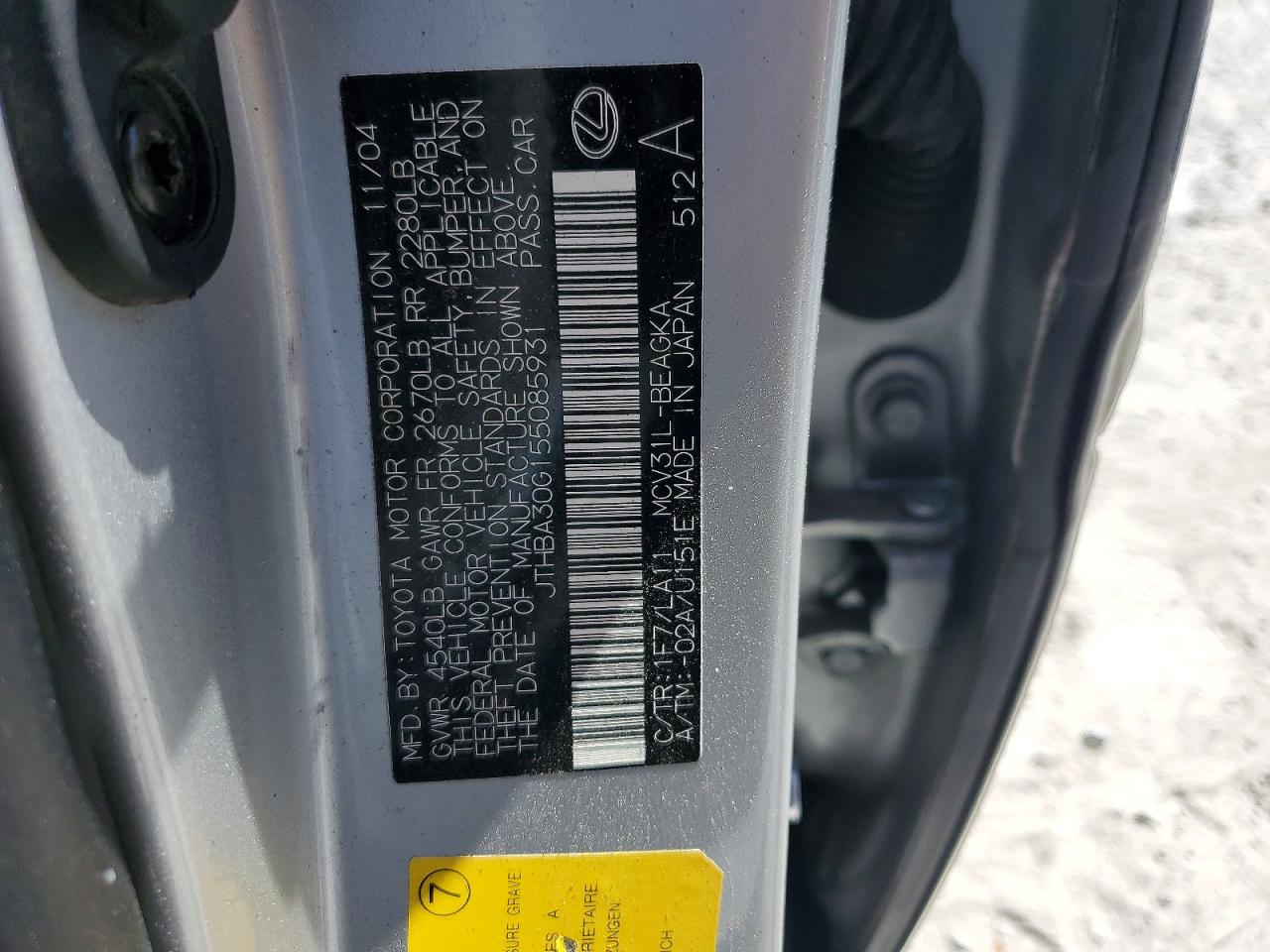 2005 Lexus Es 330 Silver vin: JTHBA30G155085931