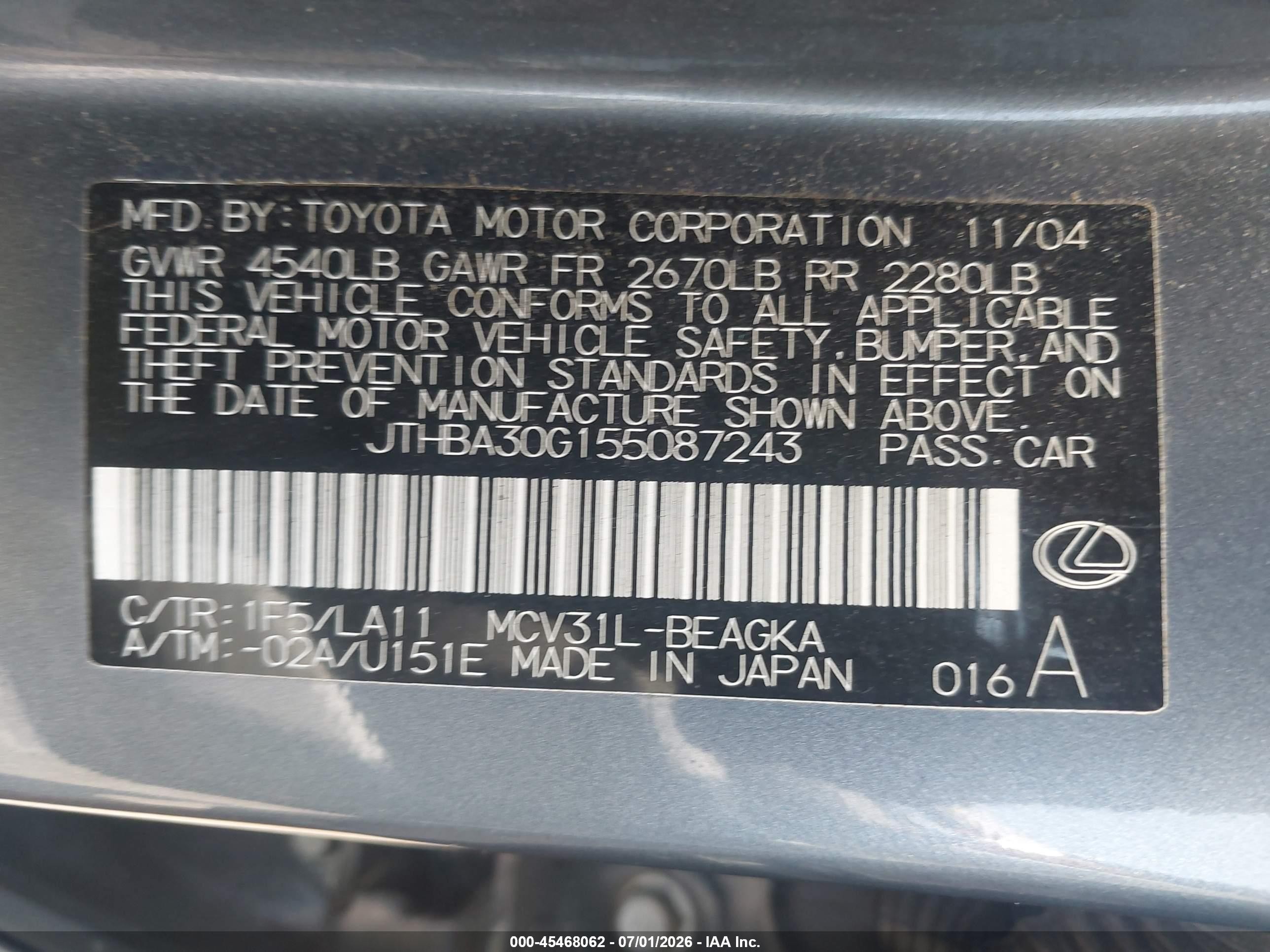 2005 Lexus Es 330   Gray vin: JTHBA30G155087243
