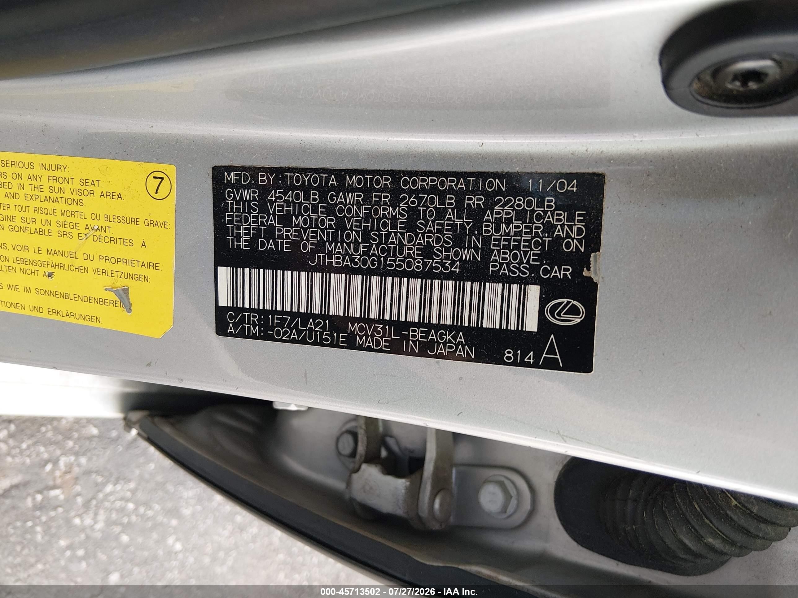 2005 Lexus Es 330   Gray vin: JTHBA30G155087534