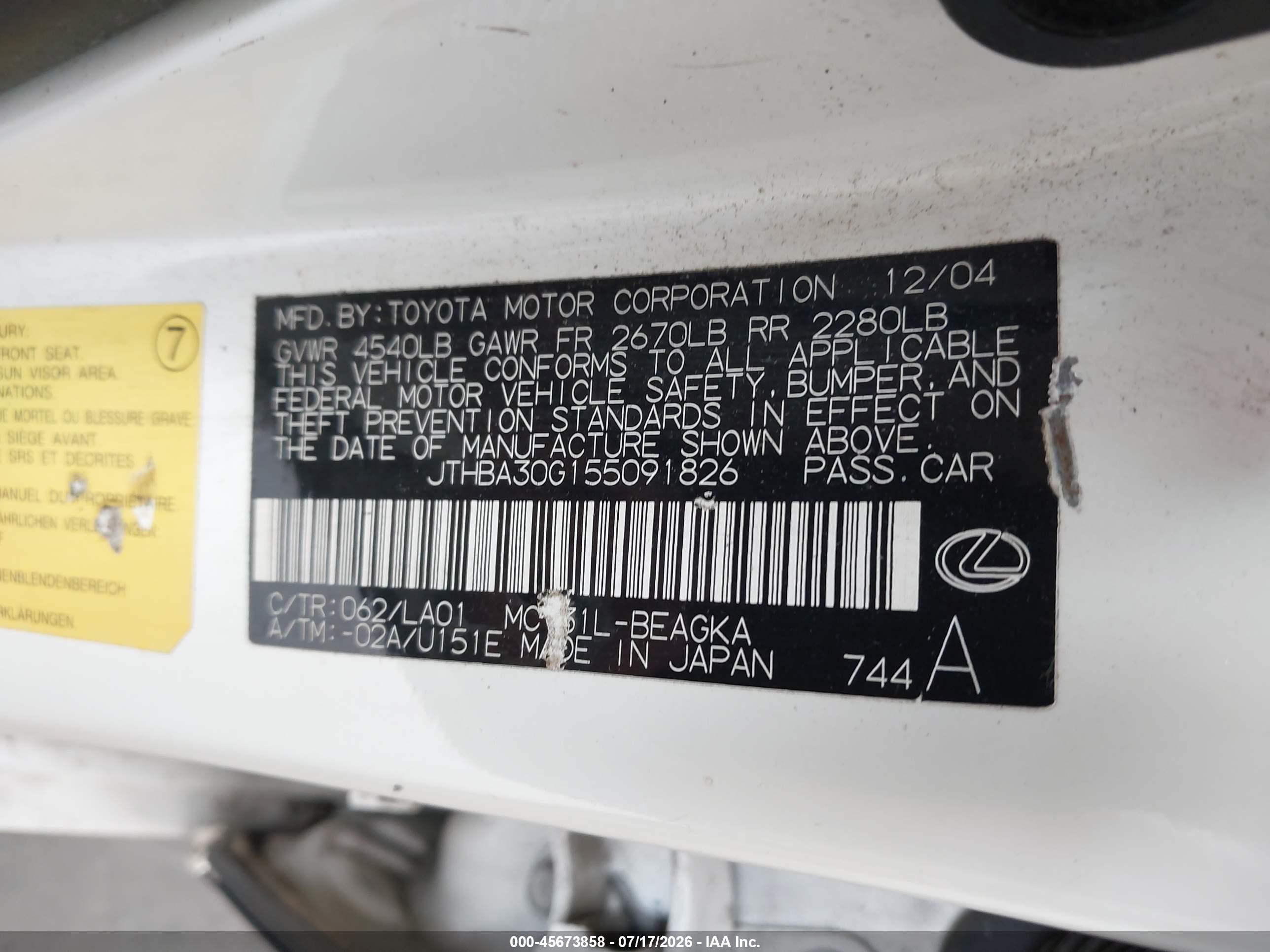 2005 Lexus Es 330   White vin: JTHBA30G155091826