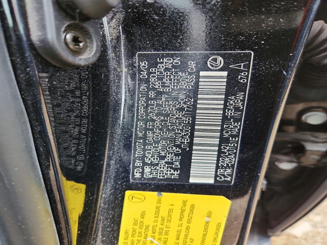 2005 Lexus Es 330 Черный vin: JTHBA30G155117762