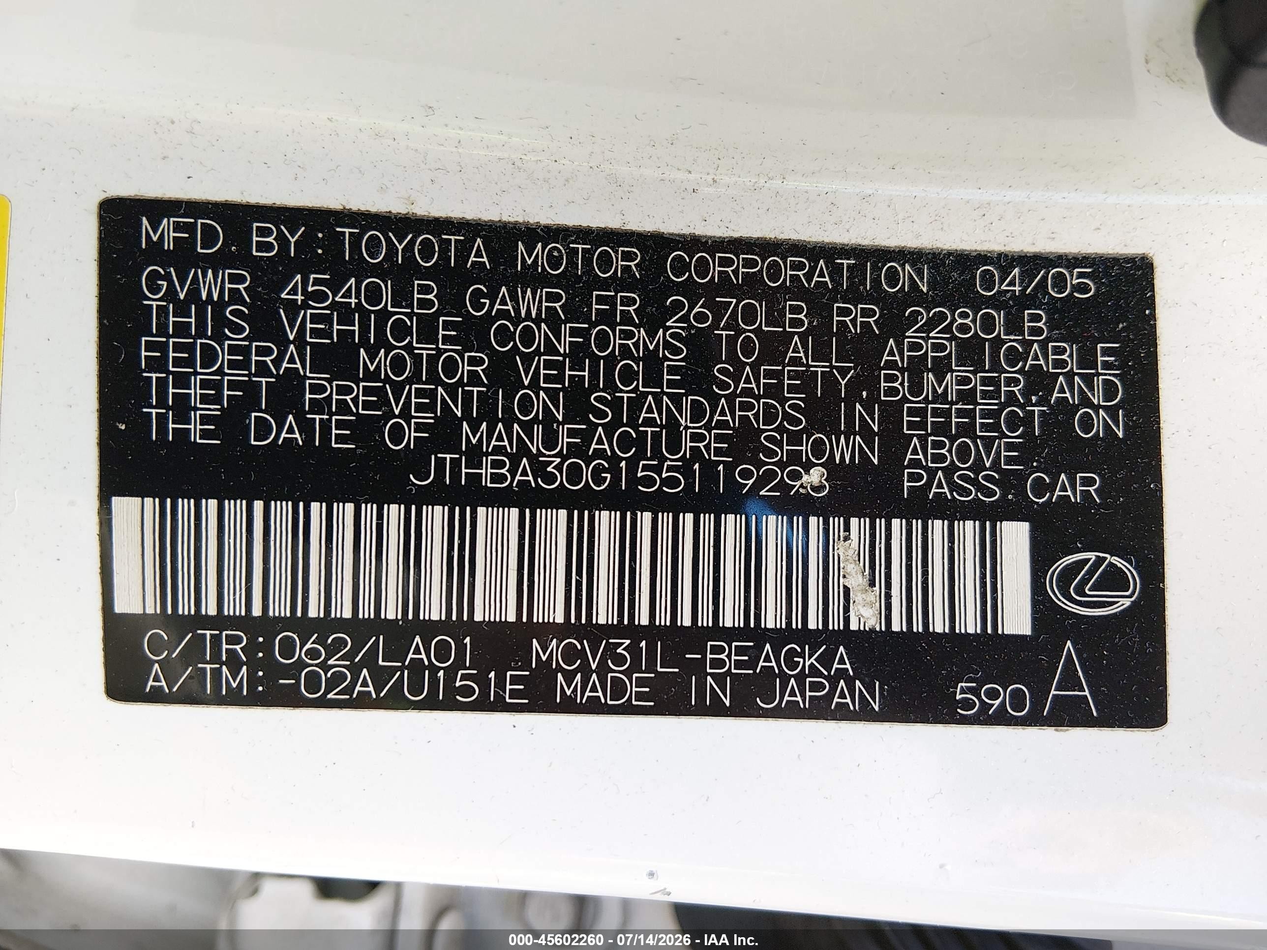 2005 Lexus Es 330   White vin: JTHBA30G155119298