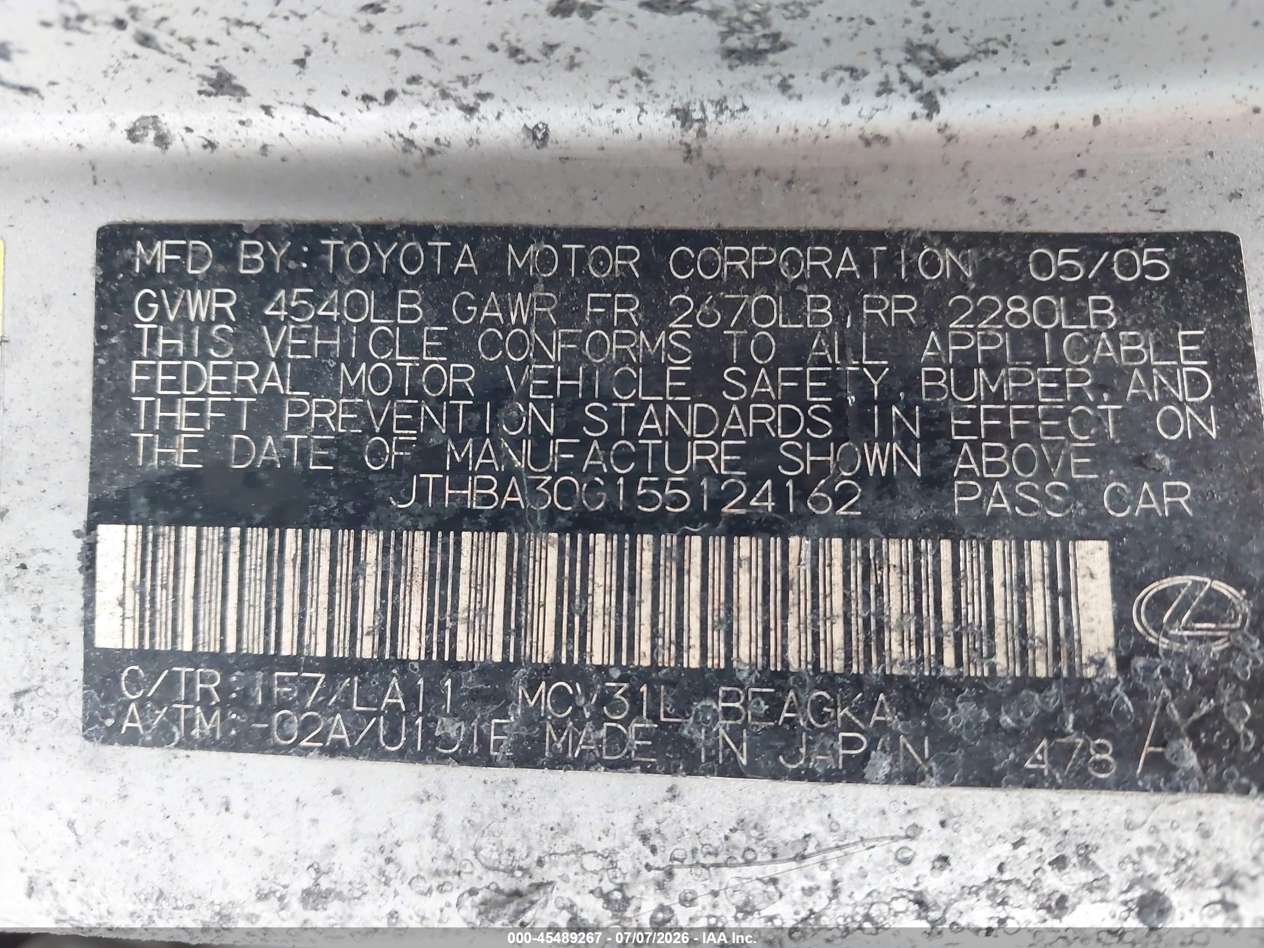 2005 Lexus Es 330   Silver vin: JTHBA30G155124162