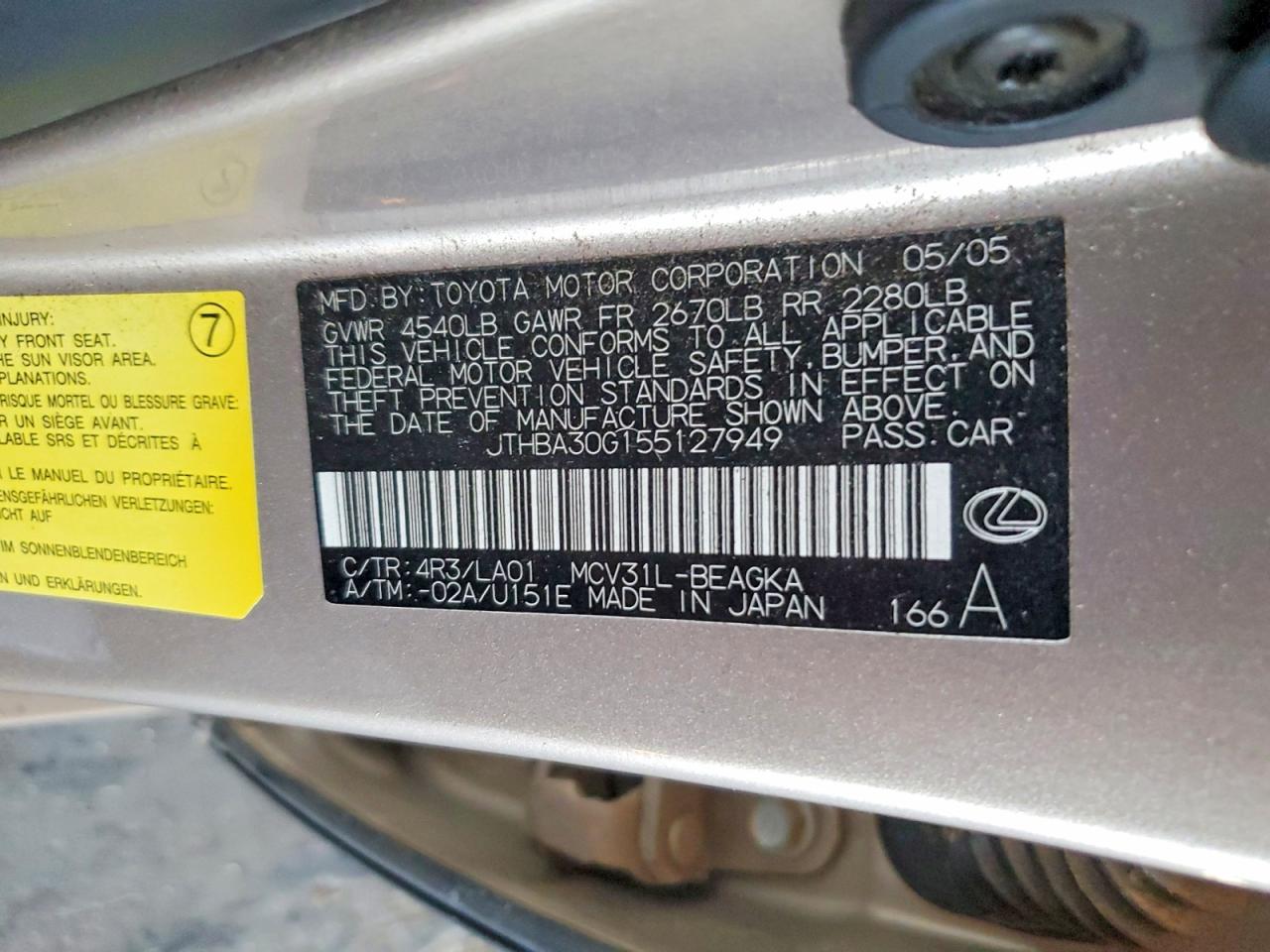 2005 Lexus Es 330 Gold vin: JTHBA30G155127949