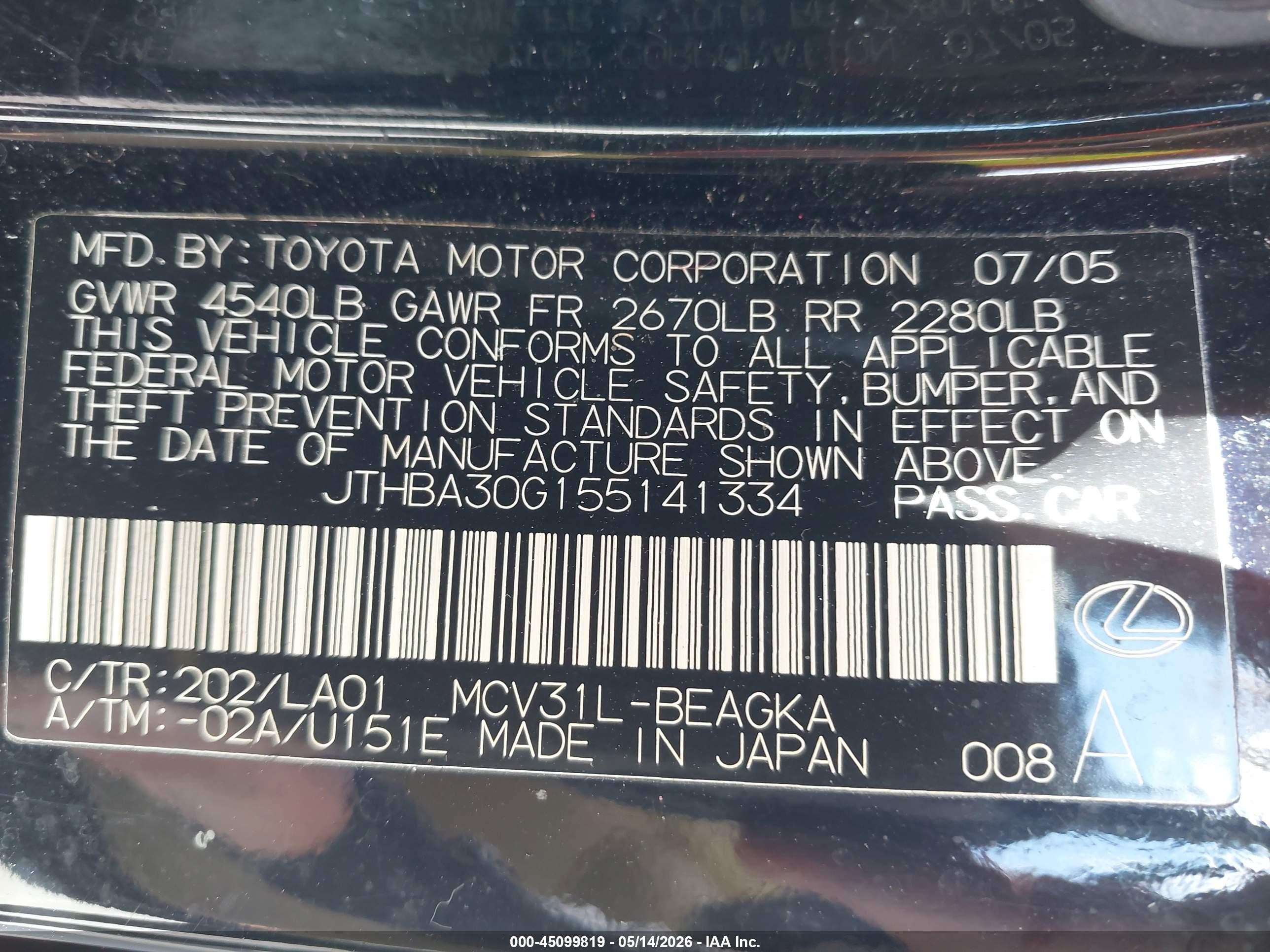 2005 Lexus Es 330 Черный vin: JTHBA30G155141334