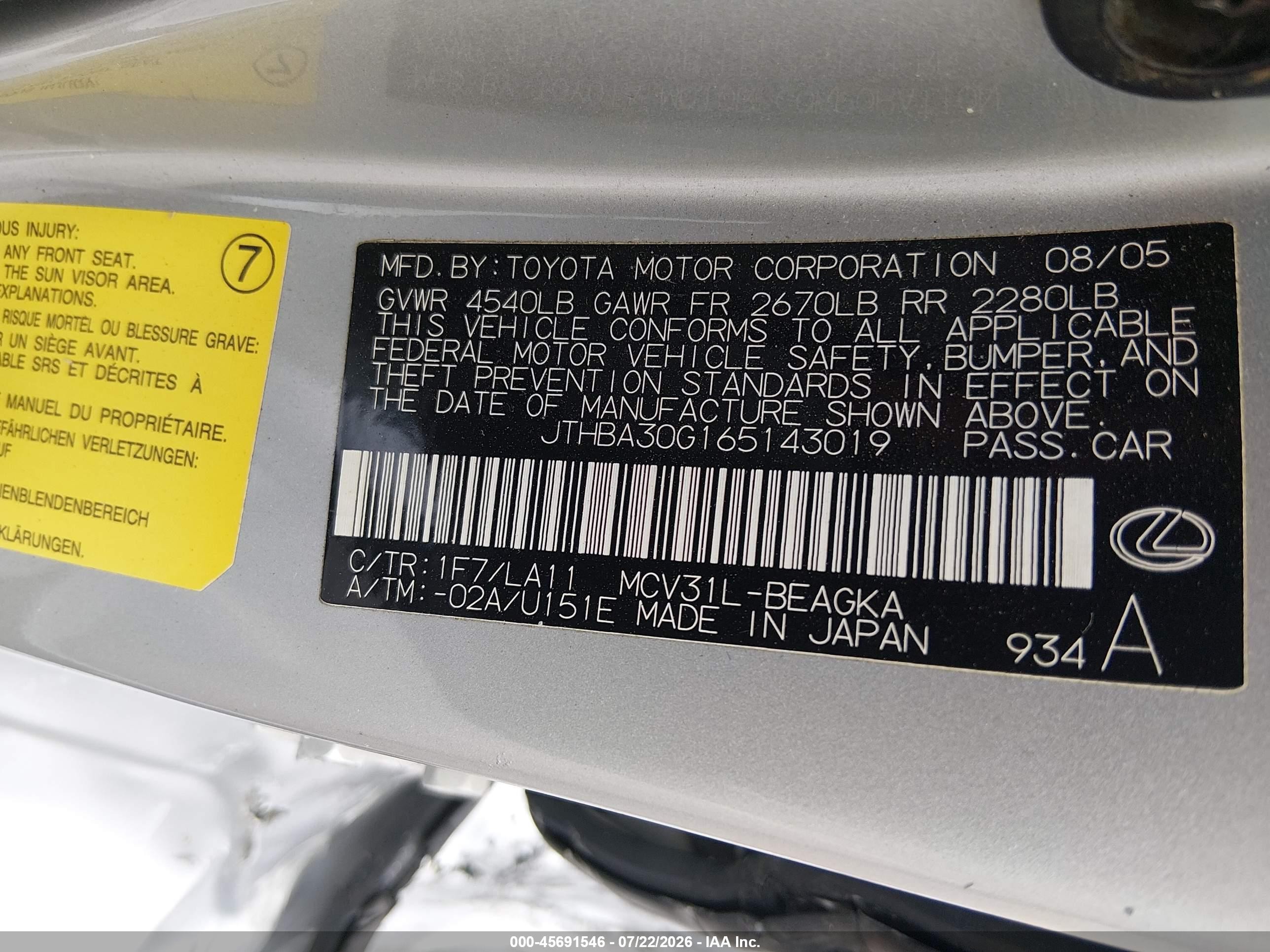 2006 Lexus Es 330   Silver vin: JTHBA30G165143019
