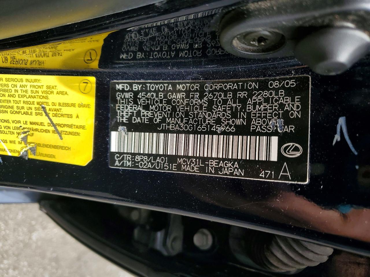 2006 Lexus Es 330 Blue vin: JTHBA30G165145966