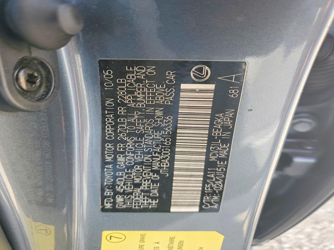 2006 Lexus Es 330 Base Teal vin: JTHBA30G165156336