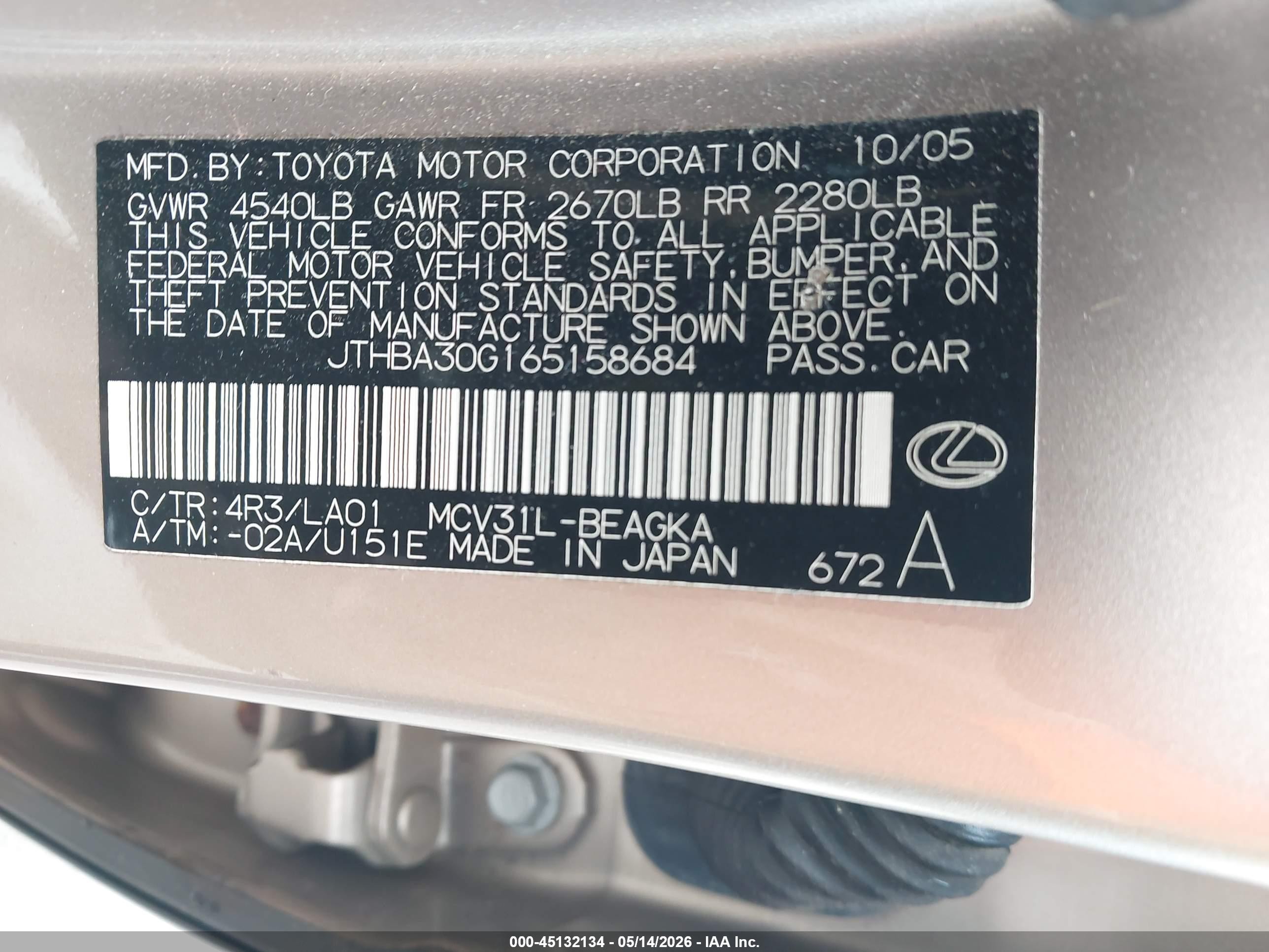 2006 Lexus Es 330   Gold vin: JTHBA30G165158684