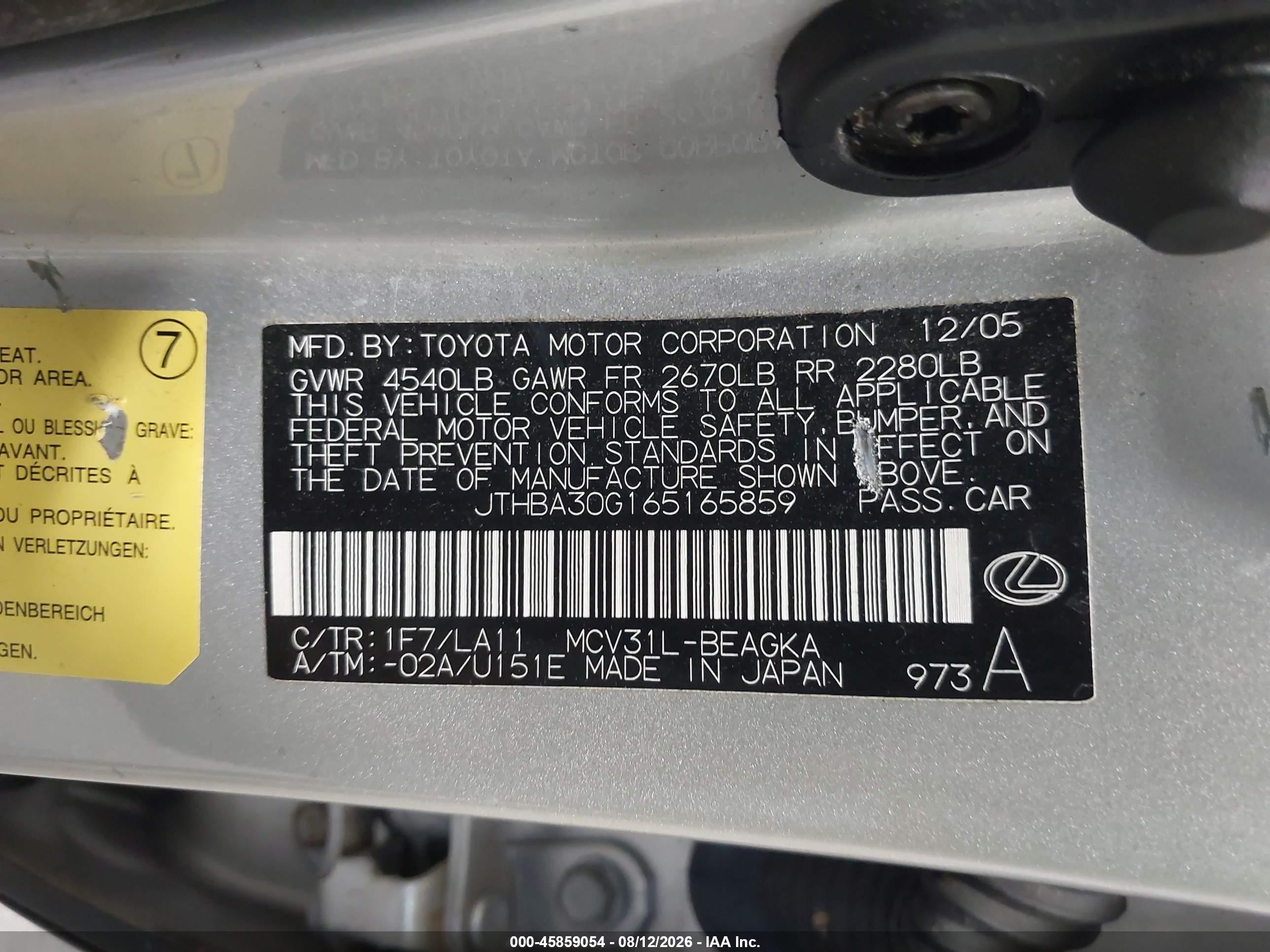 2006 Lexus Es 330   Gray vin: JTHBA30G165165859