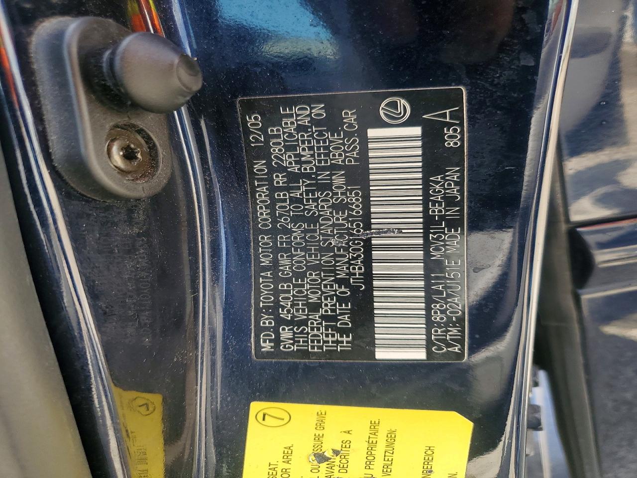2006 Lexus Es 330 Blue vin: JTHBA30G165166851