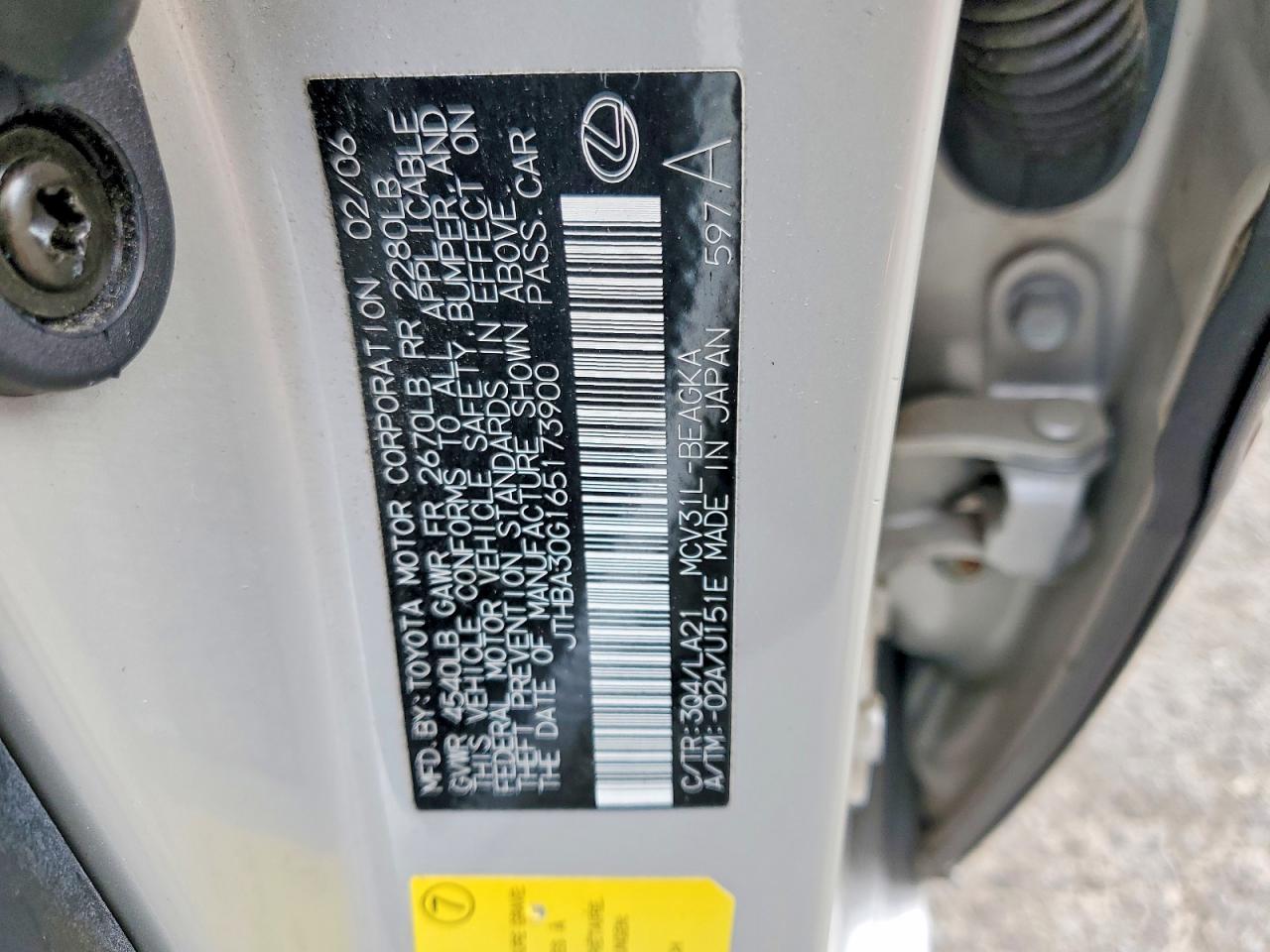2006 Lexus Es 330 Silver vin: JTHBA30G165173900