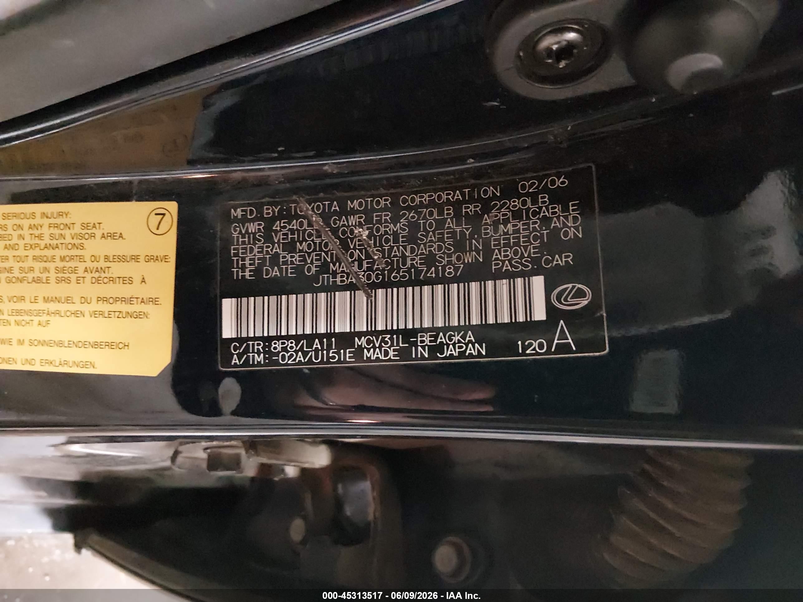 2006 Lexus Es 330   Blue vin: JTHBA30G165174187