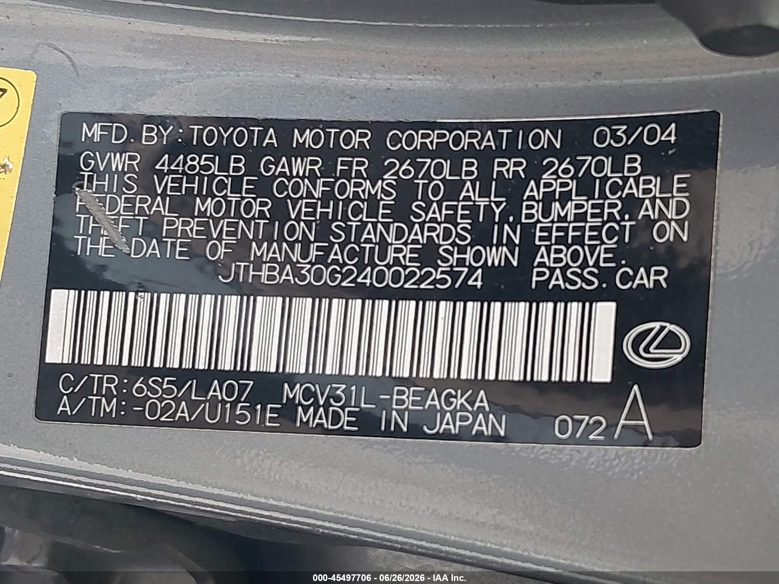 2004 Lexus Es 330   Light Blue vin: JTHBA30G240022574